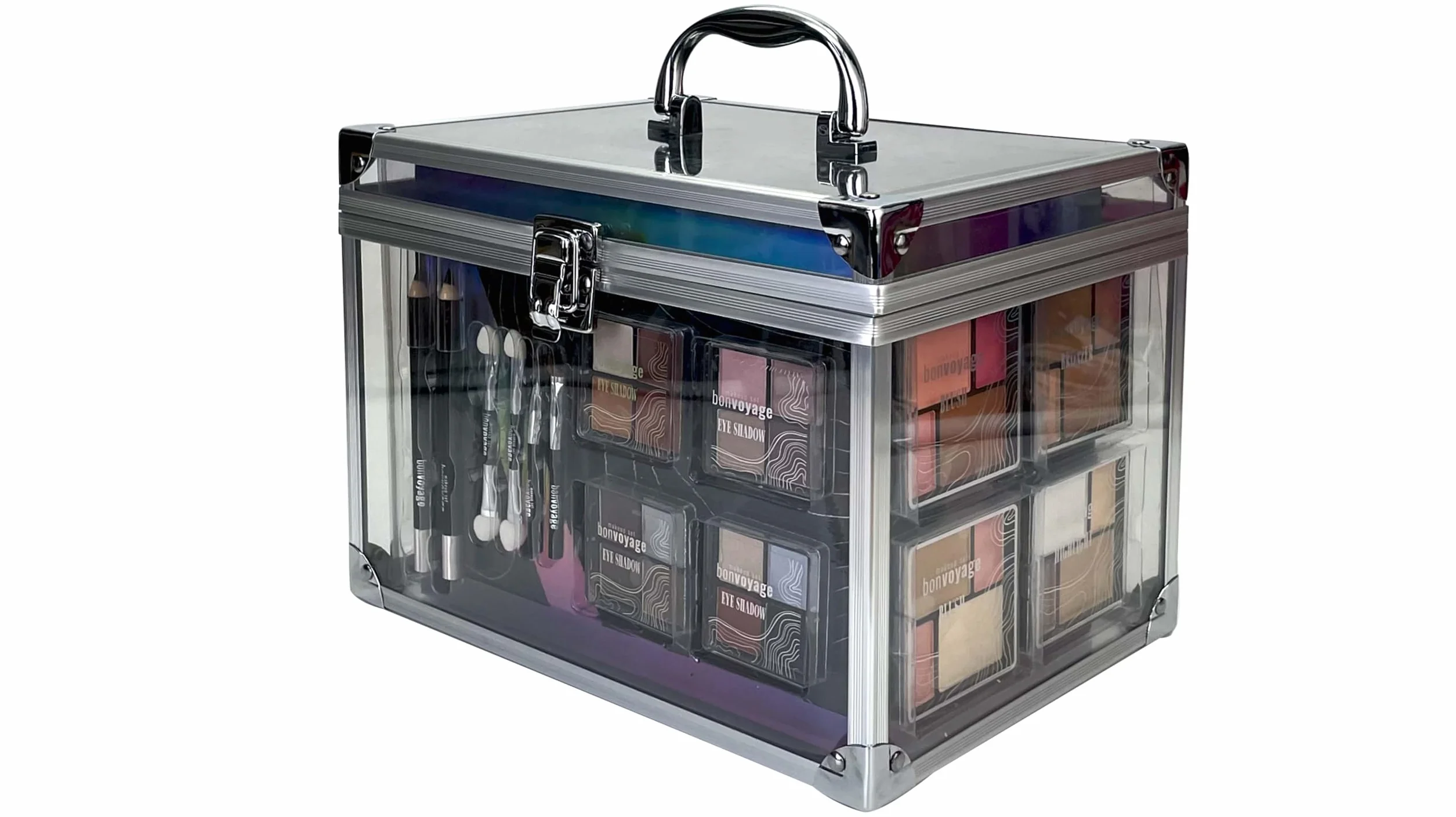 bonvoyage, Set Trucchi Donna, Include Rossetti, Ombretti, Fard, Bronzer, Illuminante, e Pennelli Make Up, Valigetta Trasparente Portatile e Leggera, Colour Delights