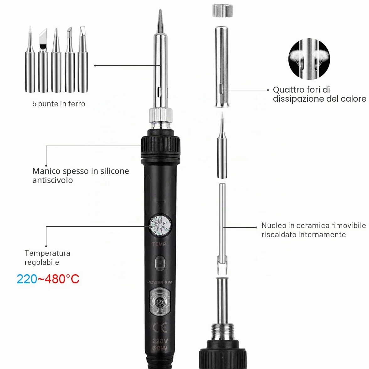Stazione di saldatura 60 W 18 in 1, temperatura regolabile 220-480 °C, 5 punte, set saldatore