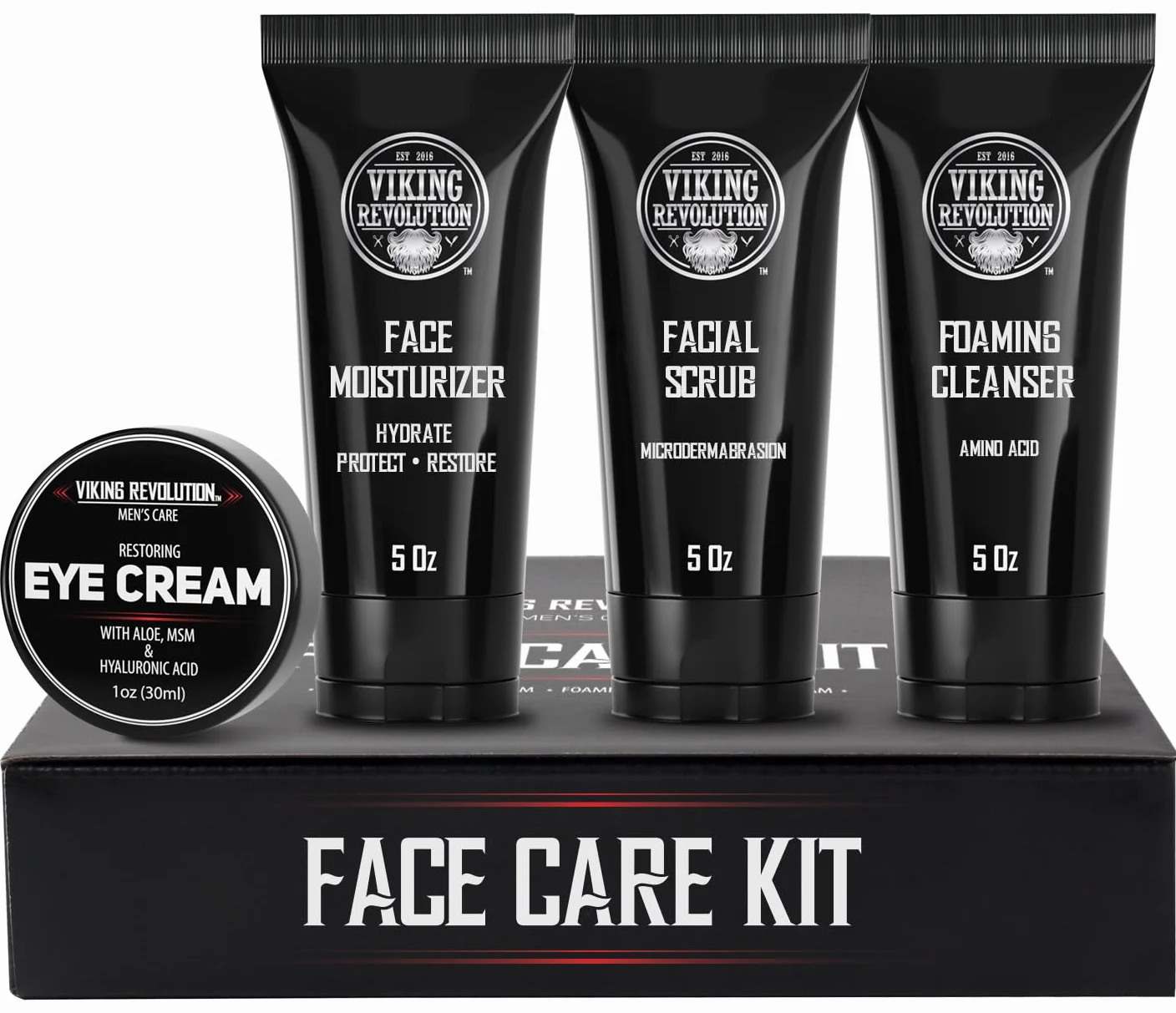 Viking Revolution - Skin Care Kit Uomo - Regalo Uomo - Include Idratante Viso, Scrub Viso, Detergente Schiumogeno (148ml) e Crema Contorno Occhi (30ml)