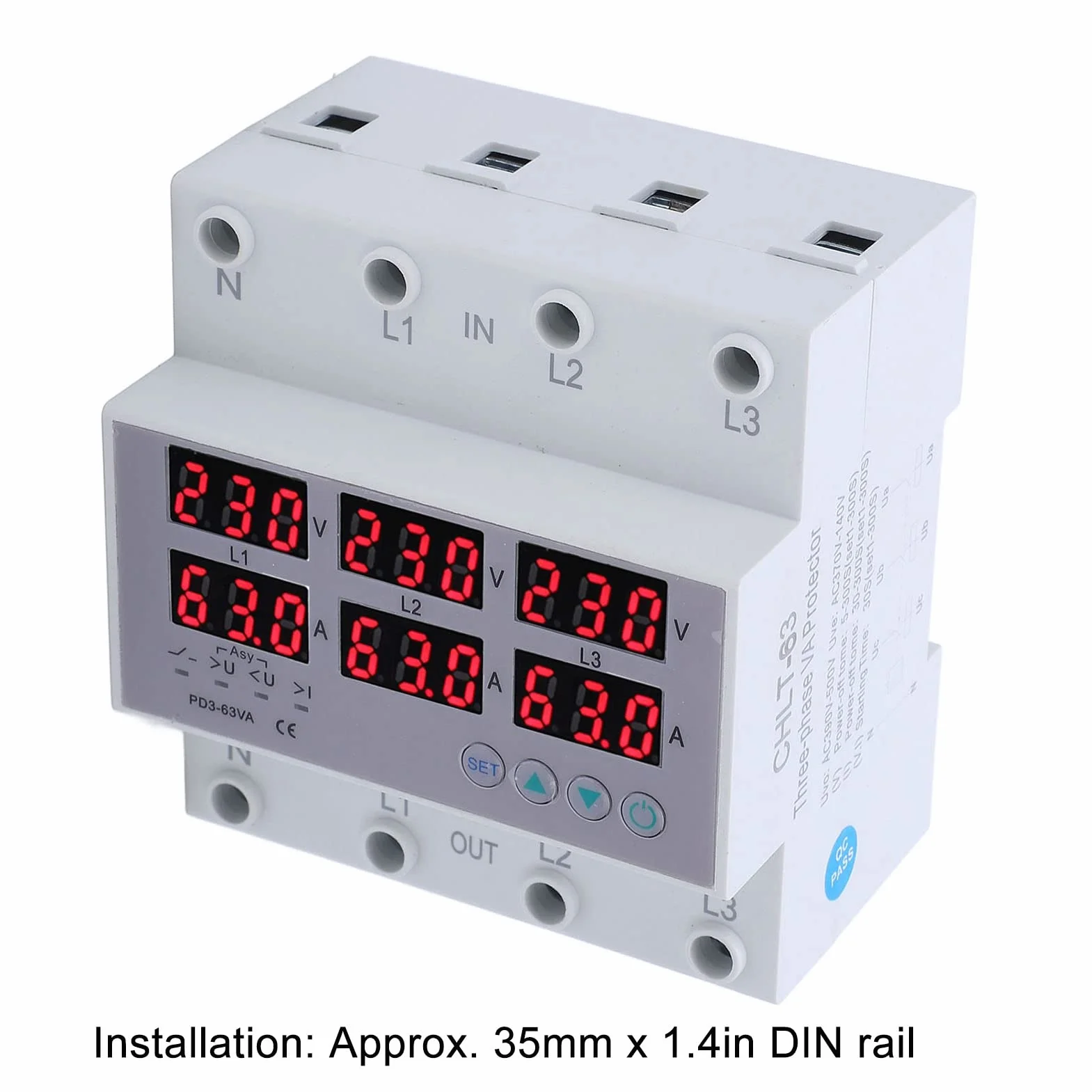 Voltmetro trifase AC 390-500V guida DIN 63A amperometro protezione sovratensione sottotensione regolabile