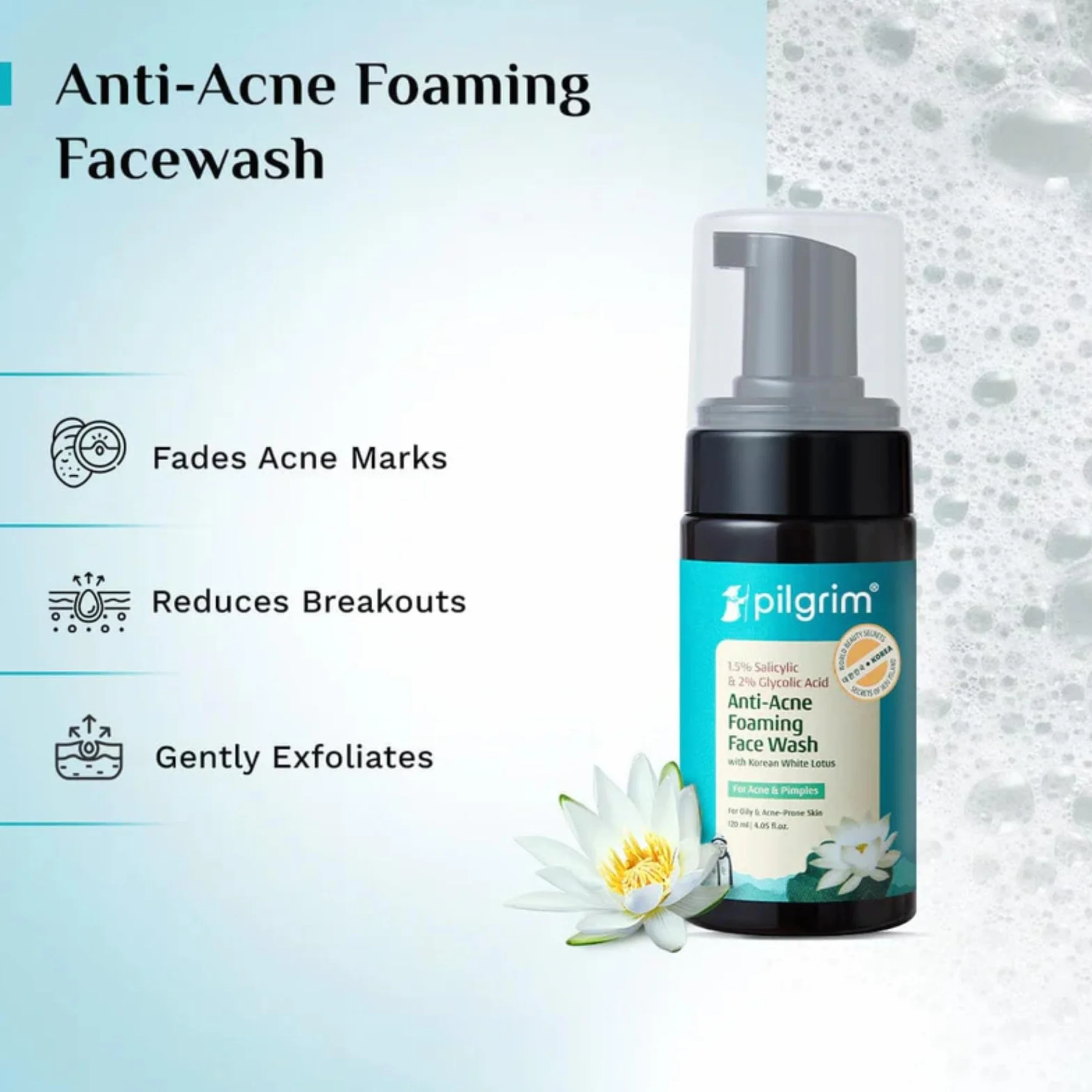 Pilgrim Detergente viso schiumogeno coreano 1,5% salicilico (Bha) e 2% acido glicolico (Aha) per pelli grasse e soggette ad acne Lavaggio viso glicolico e acido salicilico per uomini e donne Prodotti