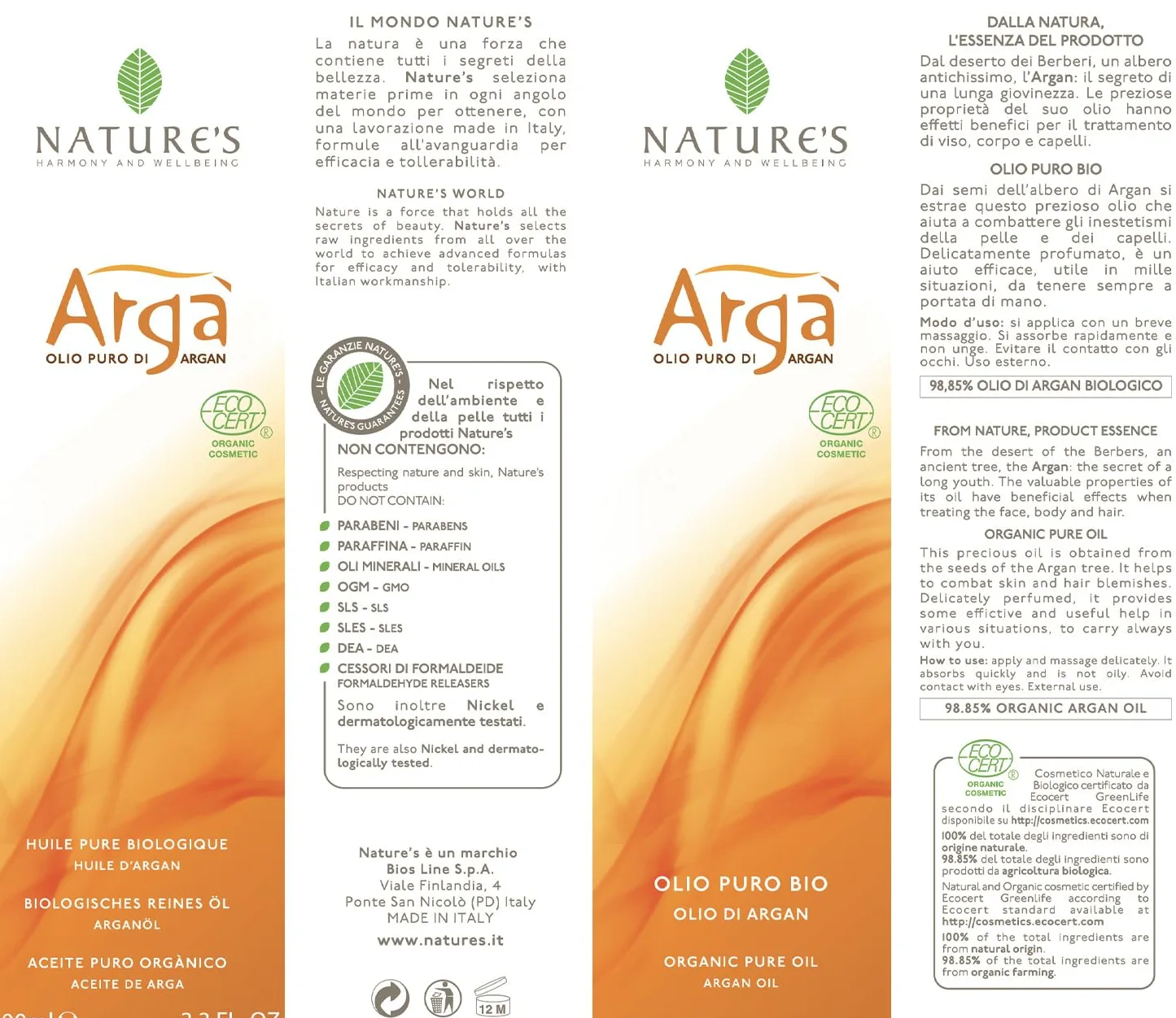 NATURE'S Argà Olio Puro di Argan Bio, Corpo e Capelli, Certificato Ecocert Greenlife, Non Unge, Si Assorbe Velocemente, Profumo agrumato, 100 ml