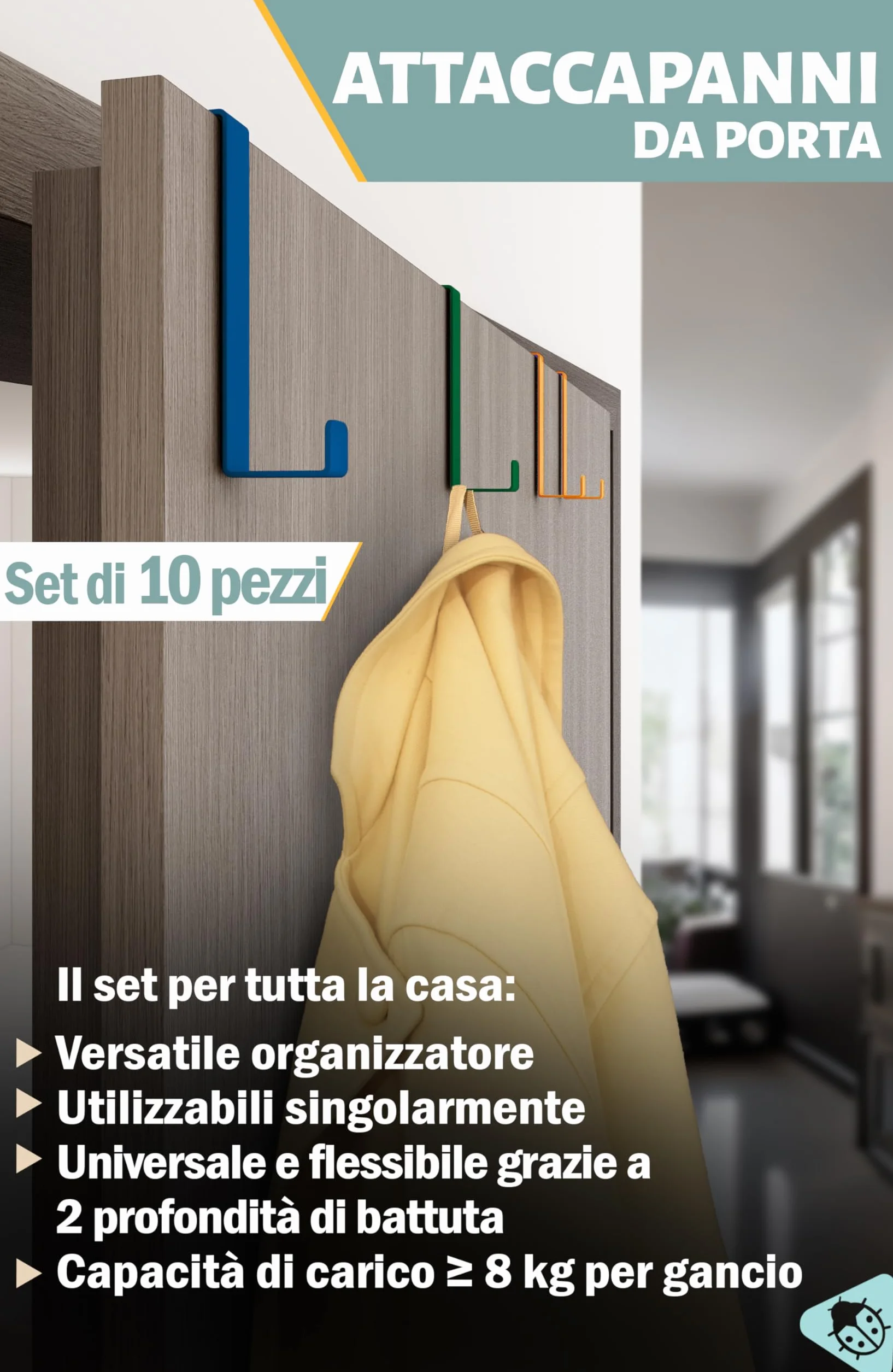Menz Appendiabiti da Porta Colorato Set 10 Pezzi Ganci Antiruggine Universali