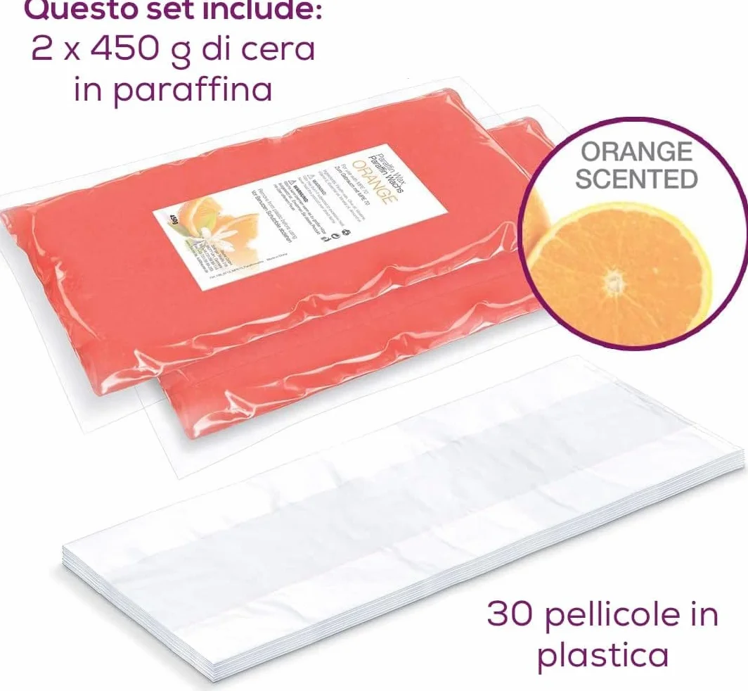 Beurer Set di Ricambi di Paraffina per MP 70 | 2 x 450 g di cera di paraffina | 30 rivestimenti in plastica | Deliziosa cera profumata all'arancia | per una pelle morbida su mani, piedi e gomiti