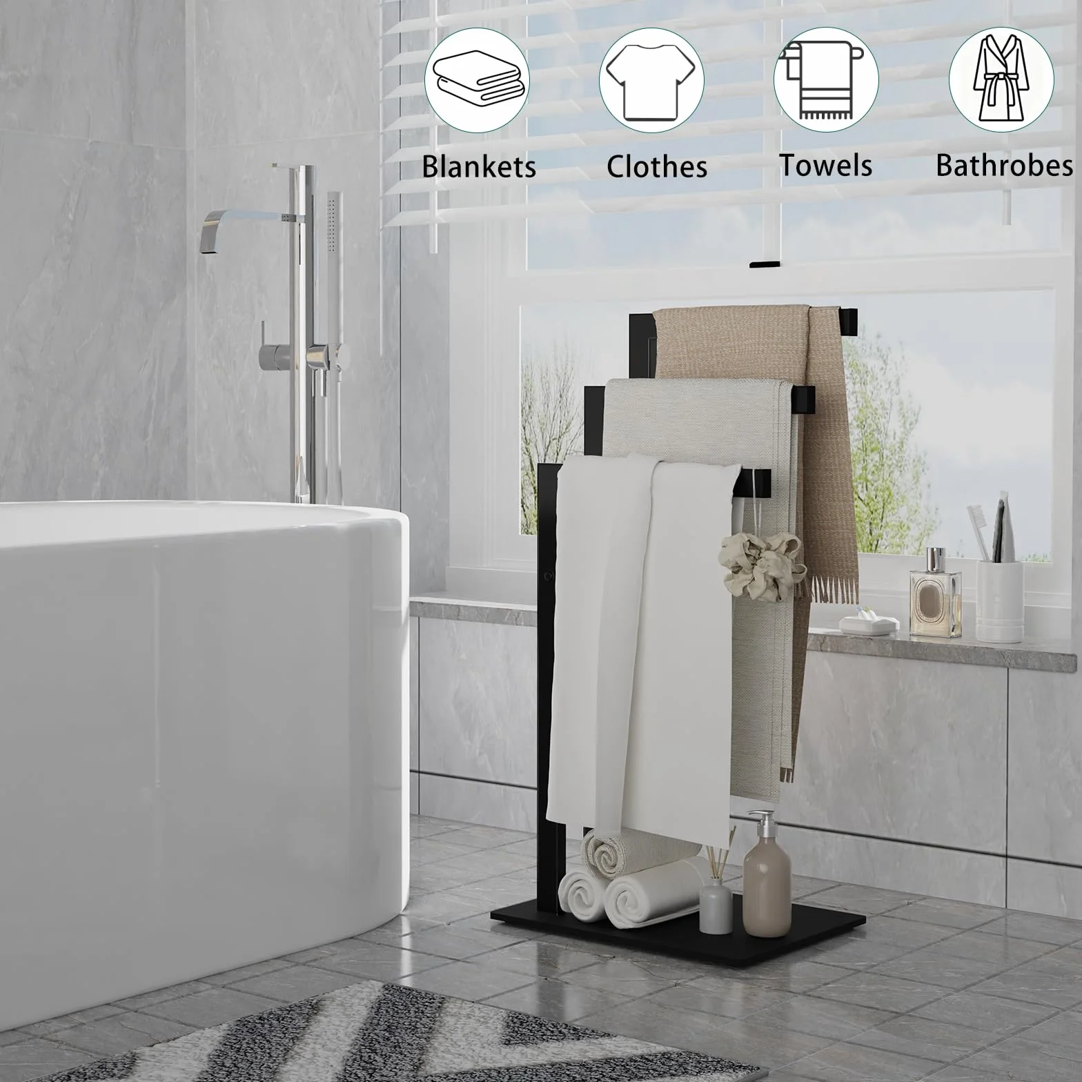 OUTBROS Porta Asciugamani Bagno da Terra in Acciaio Inox 3 Bracci 40x30x80cm Nero
