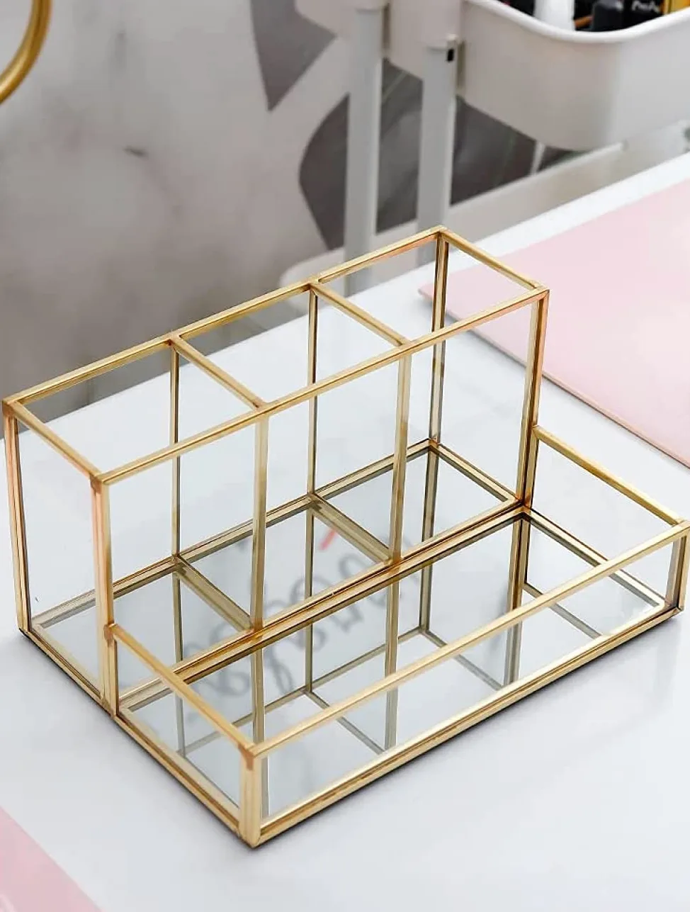 Porta Pennelli per Trucco - Organizer per Cosmetici Oro - Organizer per Trucco Trasparente - Scatola Portaoggetti da Scrivania - Vassoio Portaoggetti per Gioielli in Vetro
