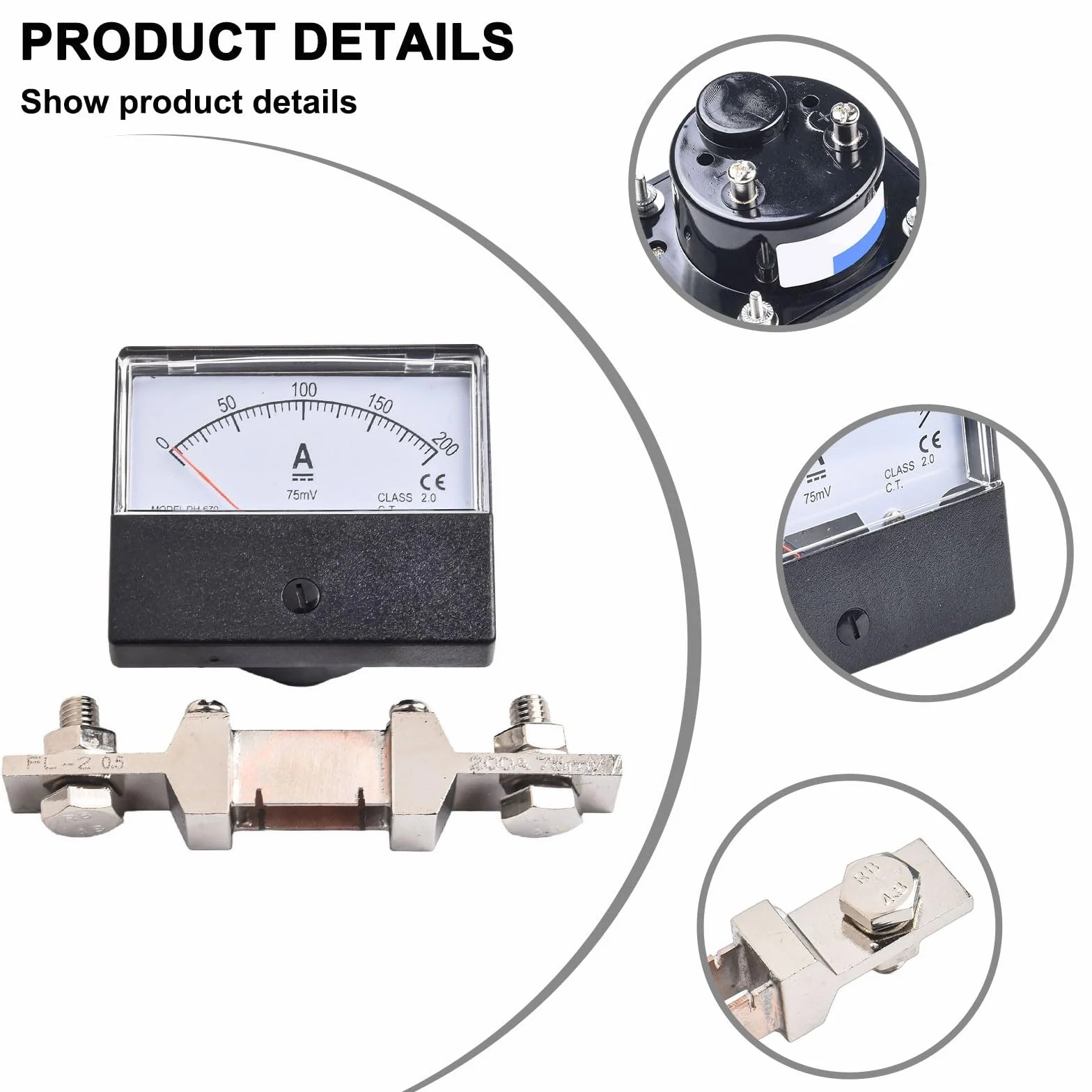Amperometro analogico DH-670 DC 0-200A 300A 75mV con shunt per quadri