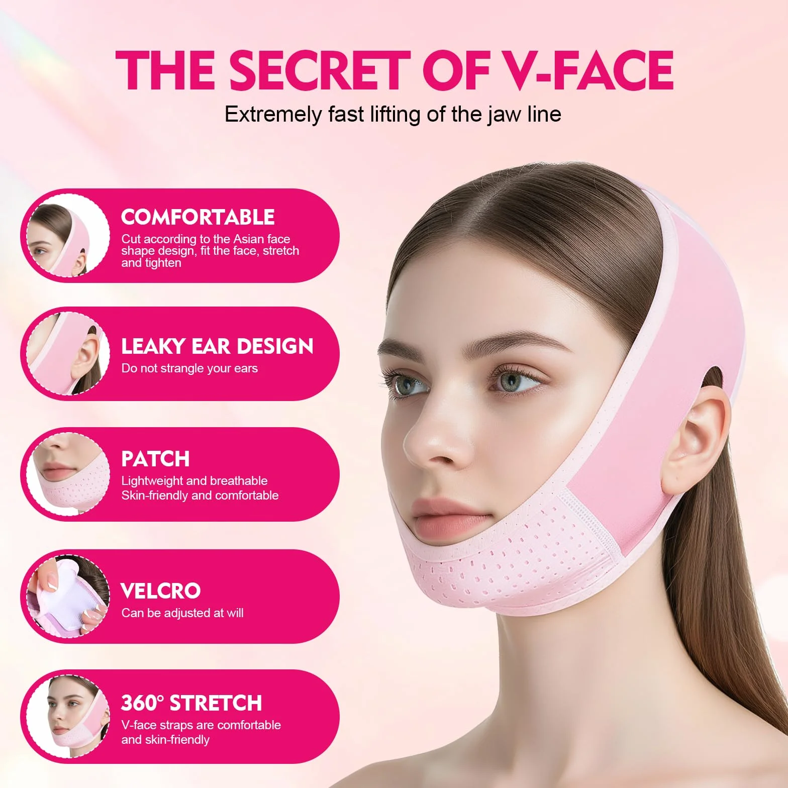 Maschera V Facciale Riutilizzabile,Fascia Lifting Mentoniera Antirughe,Riduttore Doppio Mento con Effetto Snellente Viso,Fascia Reggente per Rassodare il Contorno Viso e Mento,Pink
