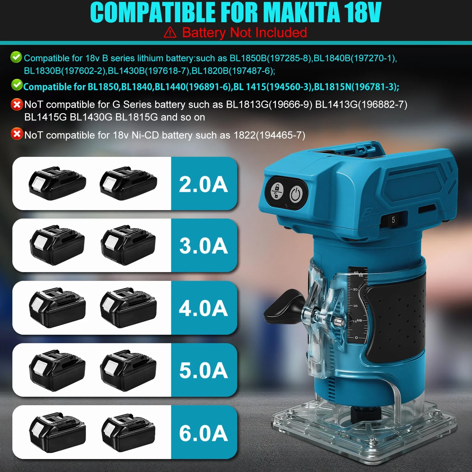 Makita 18V Fresa a Batteria 800W Senza Spazzole 5 Velocità 6,35mm 30000 giri/min