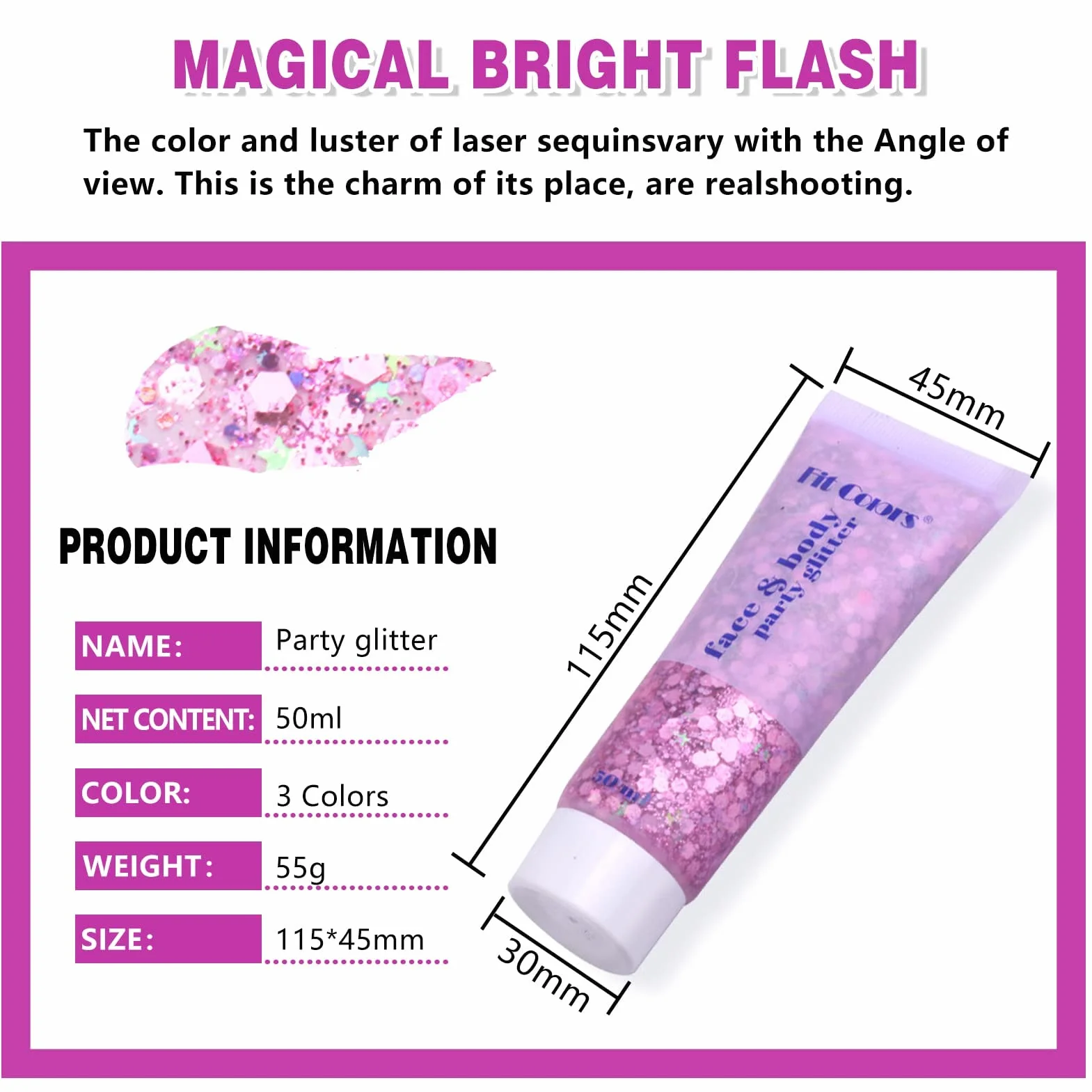 Miioto Glitter Corpo Gel, Glitter Corpo e Capelli, Brillantini Corpo,Glitter Make Up, Brillantini Adesivi per Viso, Glitter Gel per Viso, Unghie, Occhi,Labbra,Capelli,Corpo,Feste in Maschera, 3 Colori