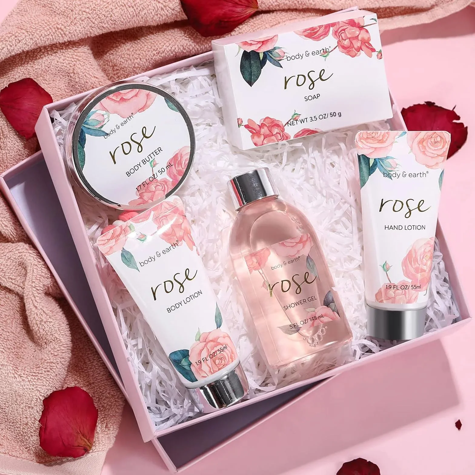BODY & EARTH Confezione Regalo per Donne, 5 Pezzi, Rosa, gel Doccia, Burro per il Corpo, Crema per Le mani, Lozione per il Corpo, Regalo di Compleanno, Fidanzata, San Valentino per lei