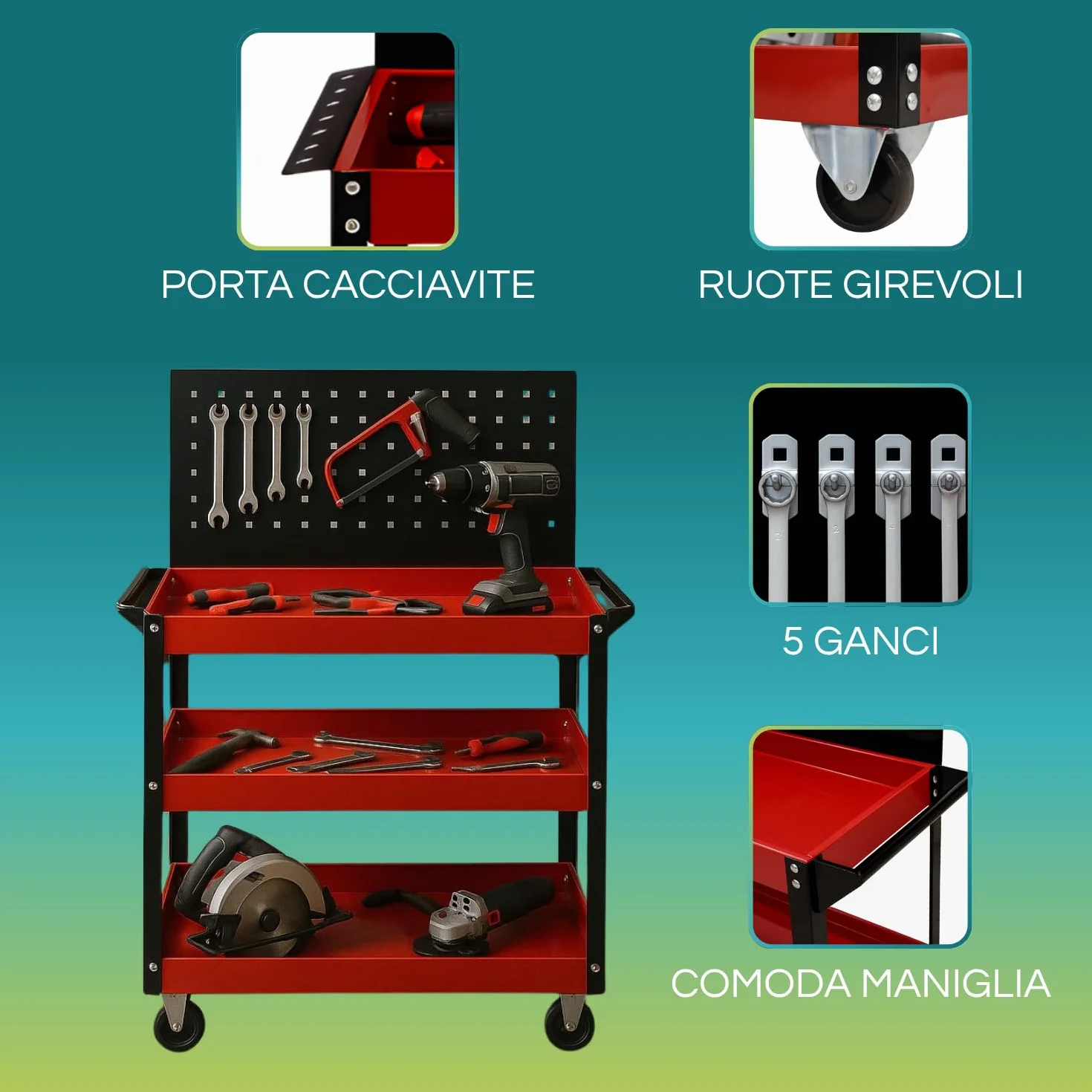 PALUPLUS Carrello Porta Attrezzi 3 Ripiani Pannello Forato 81x35x110 cm Acciaio Ruote Girevoli 150Kg