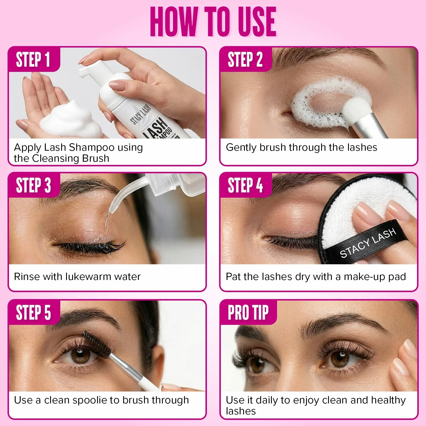 STACY LASH Kit di shampoo per ciglia da 50 ml, detergente schiumogeno con bobine di ciglia e flacone per risciacquo, tampone detergente e pennello per extension di ciglia, ciuffetti e ciglia naturali