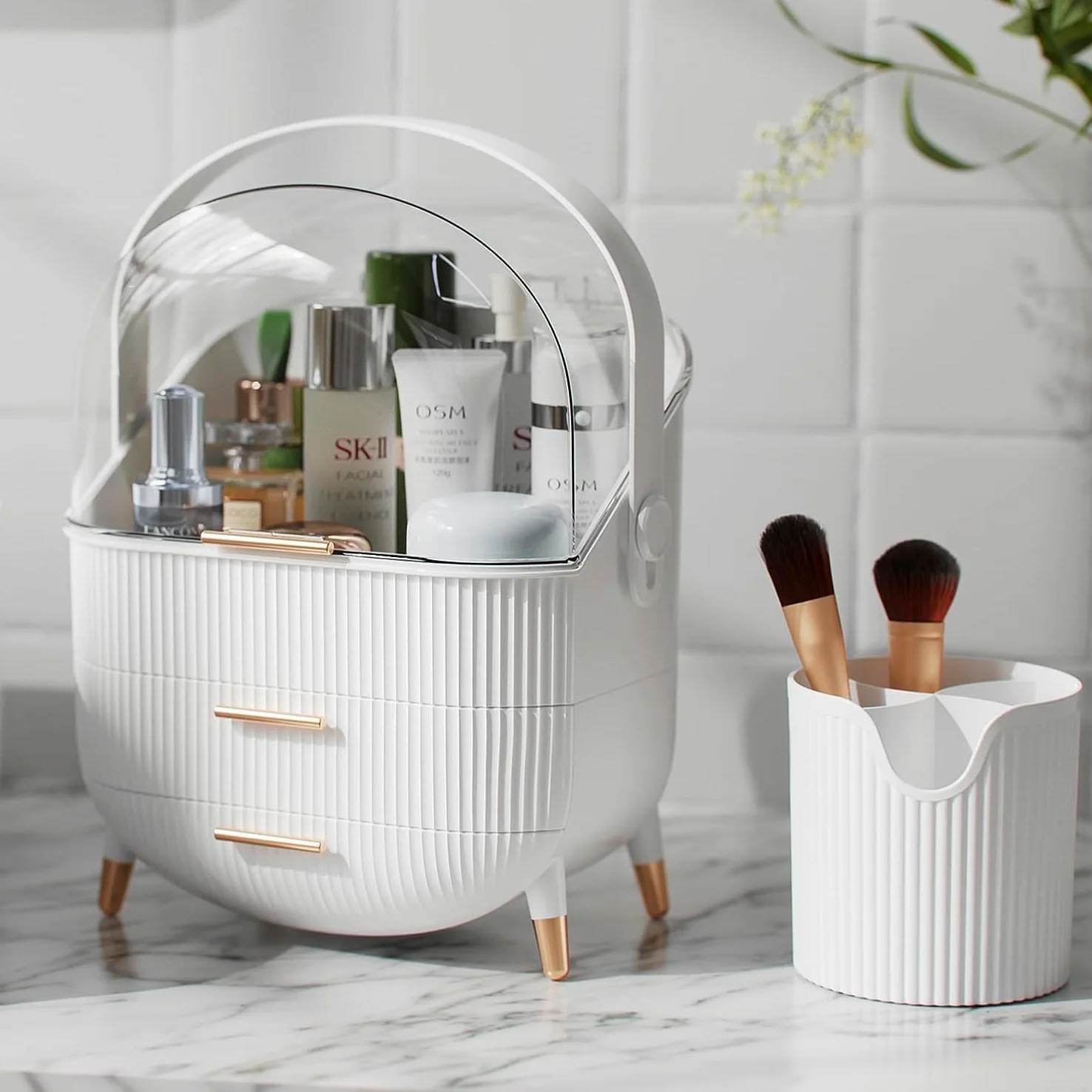 Custodia multifunzione per trucchi antipolvere, organizer per cosmetici, prodotti per la cura della pelle, gioielli, scatola per finitura per camera da letto, bagno, scrivania (verde scuro)