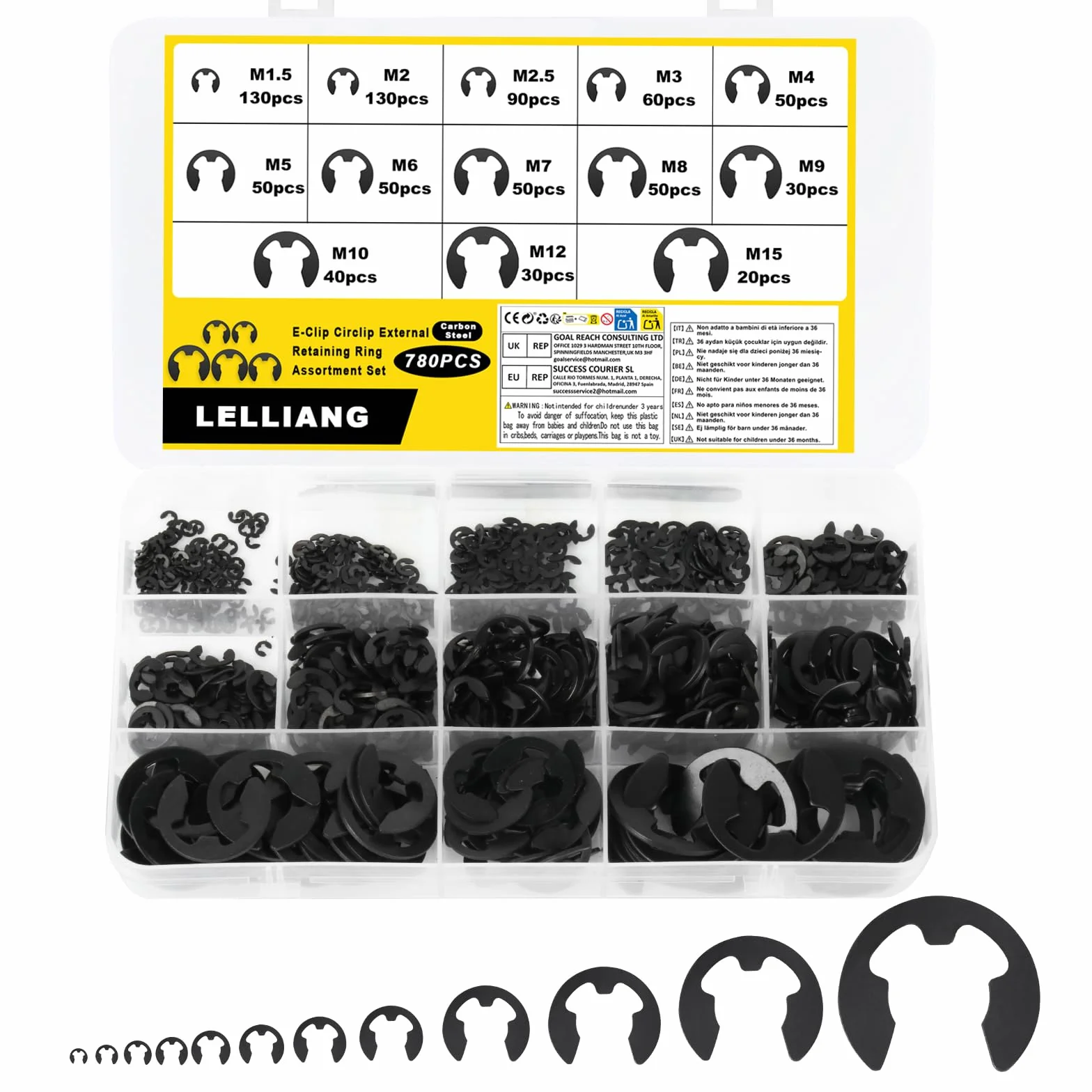 Set di 780 Clip di Ritenzione E-Clip, Anelli di Fissaggio Interno ed Esterno, Kit Anelli a Scatto 13 Dimensioni