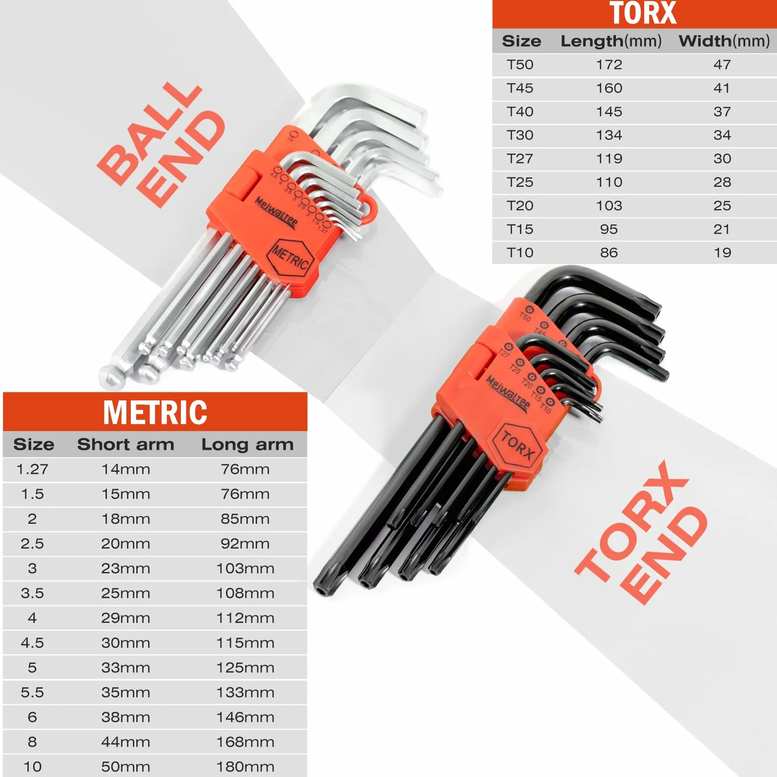 Set di 22 Chiavi a Brugola Esagonali con Testa a Sfera 1,27-10mm e Torx T10-T50, Acciaio Cr-V