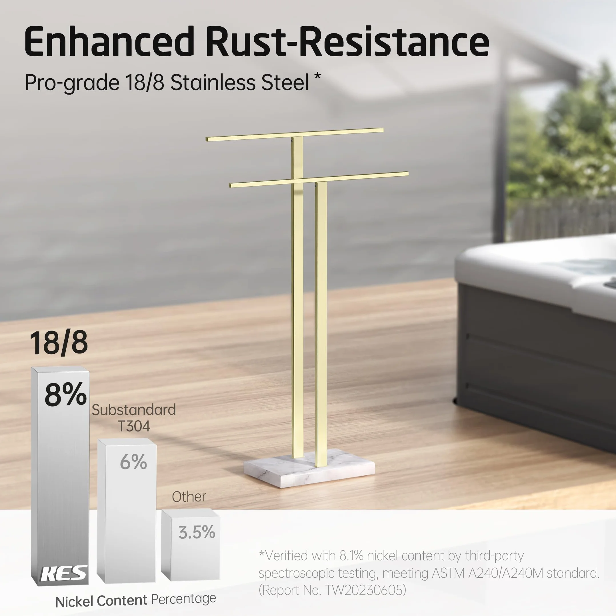 KES Oro Porta Asciugamani Bagno 2 Bracci Base Marmo Acciaio Inossidabile 18/8 Oro Spazzolato