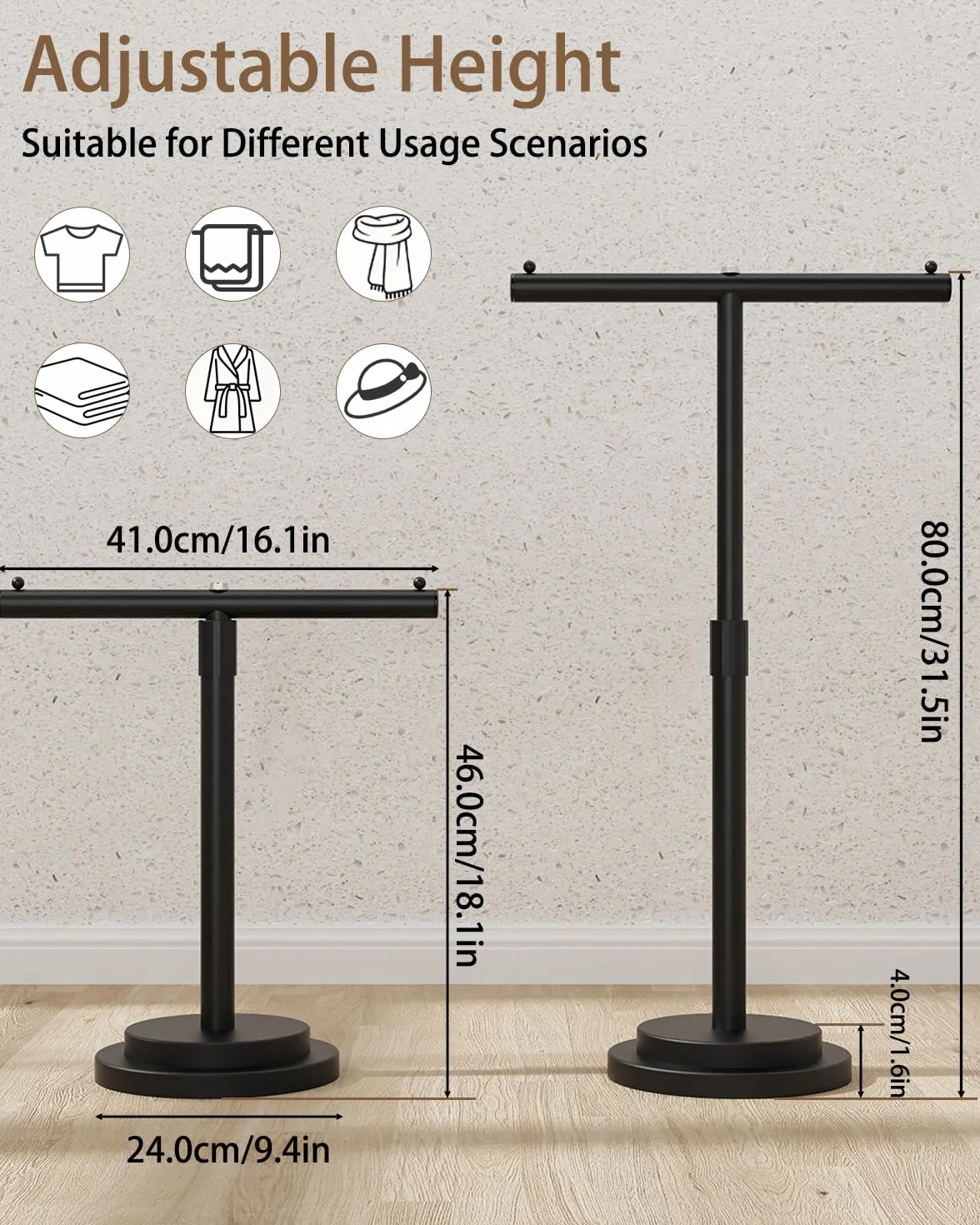 Portasciugamani da Terra a Forma di T Acciaio Inox Regolabile 46-80x41x24 cm Nero Set da 2