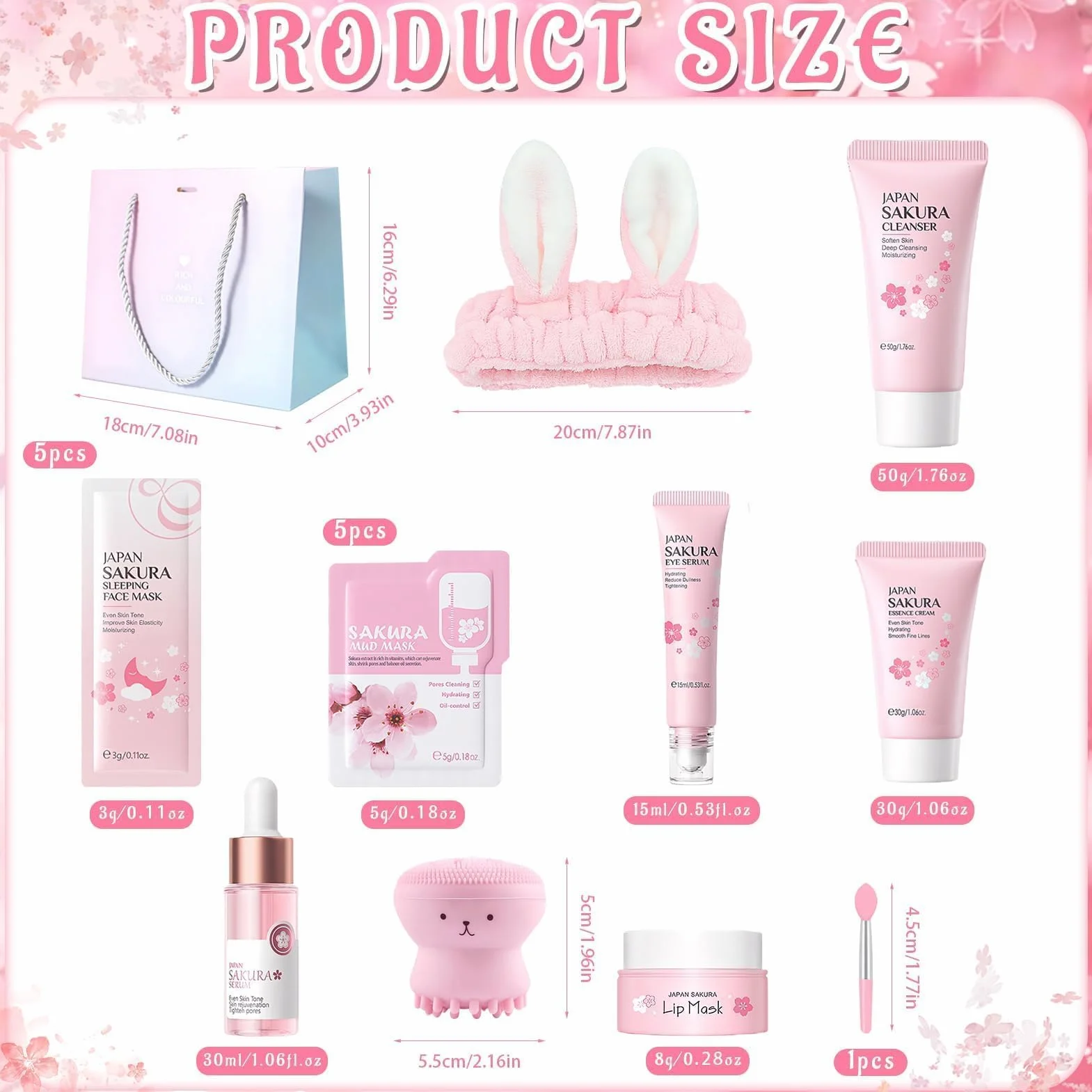 Kit per la Cura della Pelle Sakura 18 Pezzi,Include Detergente,Crema, Siero,Siero per gli occhi,Maschera di fango,Maschera per dormire, Accessori,Set Skincare Viso Completo per Ragazze e Donne