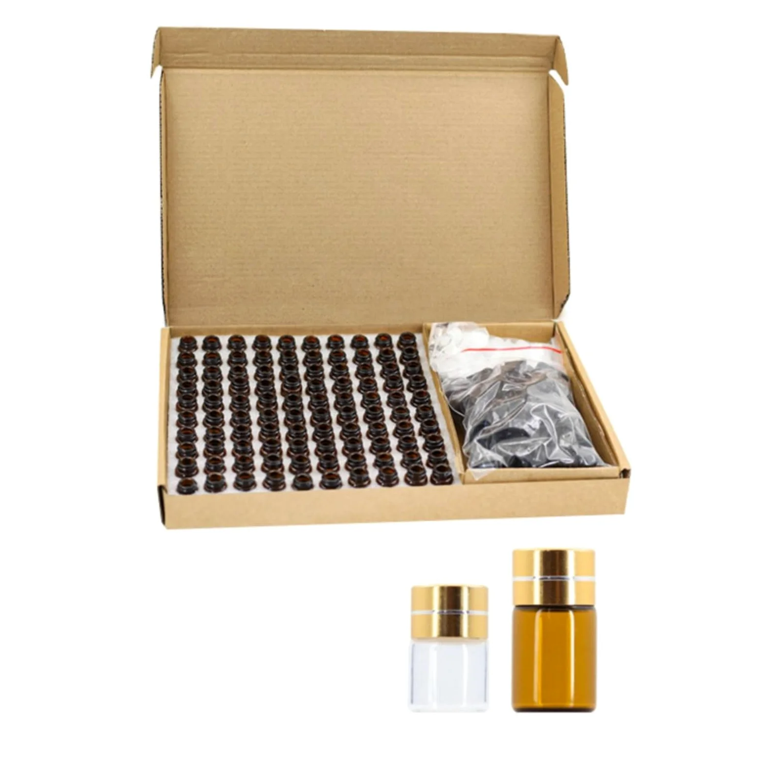 harayaa 100 Pezzi Flaconcino in Vetro Ambrato Flaconcino con Collo Filettato Portatile Bottiglia Contagocce per, 2ml, Bottiglia Color Ambra Con Tappo Dorato Tagliato E Tappo Integrato