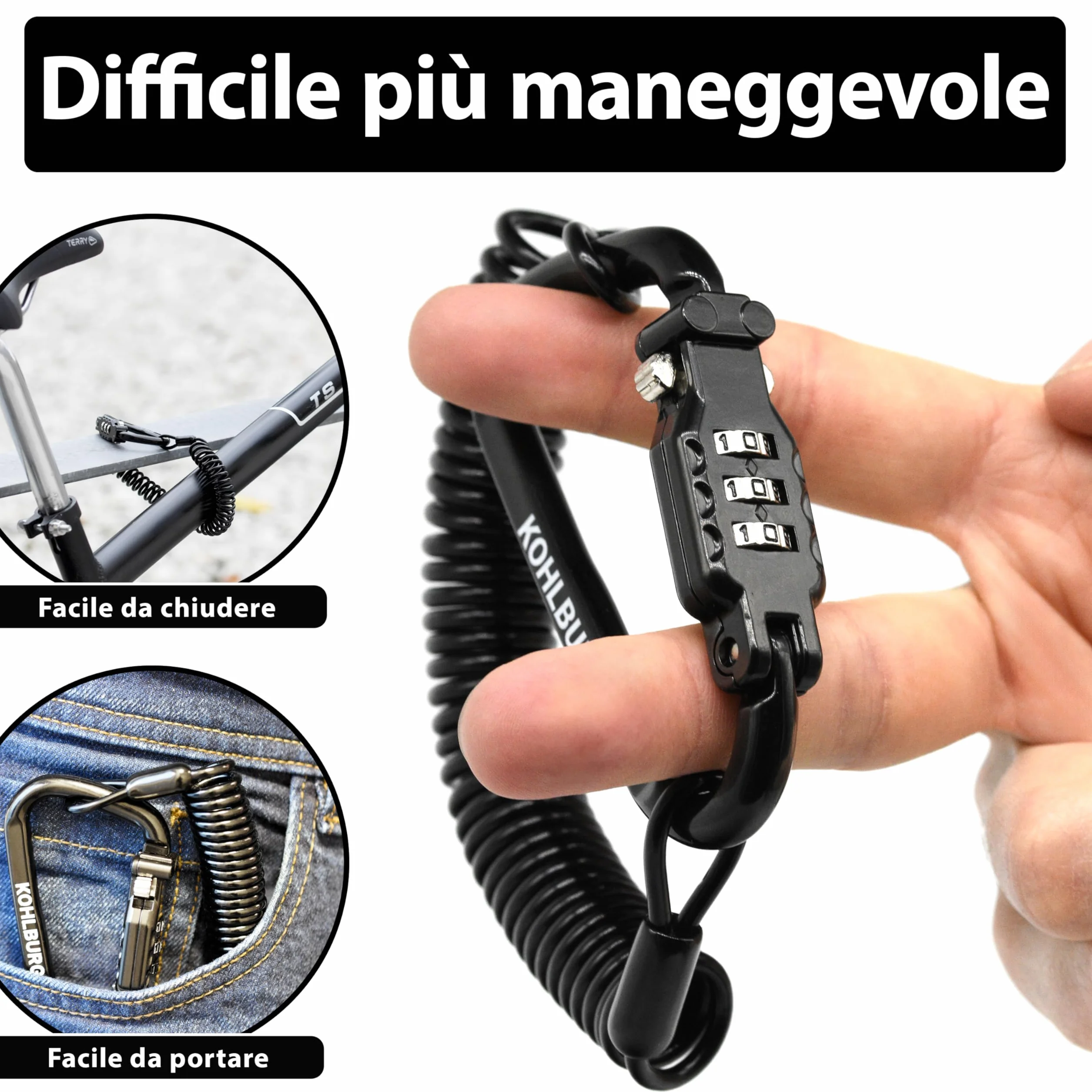 KOHLBURG lucchetto con combinazione extra lungo 180 cm cavo 3 mm per moto, bicicletta, valigia, snowboard