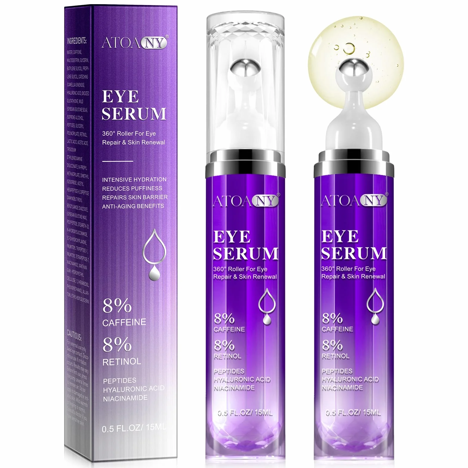 15ml Siero per Contorno Occhi con 8% di Caffeina, Per Occhiaie e Borse, Rughe e Linee Sottili, Anti-rughe, Anti-tasche e Correttore, Acido ialuronico puro e caffeina per Donne e Uomini (1pc)