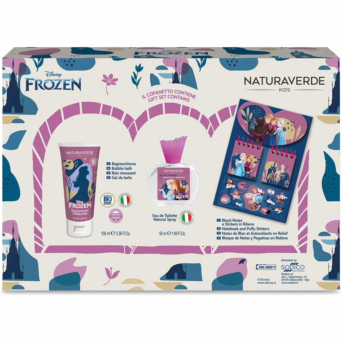 Naturaverde | Kids - Disney Frozen - Confezione Regalo Disney Frozen, Stationery Set, Eau de Toilette Natural Spray da 50ml e Bagnoschiuma in Tubo da 100ml, Set 3 Notebooks e Stickers in Rilievo