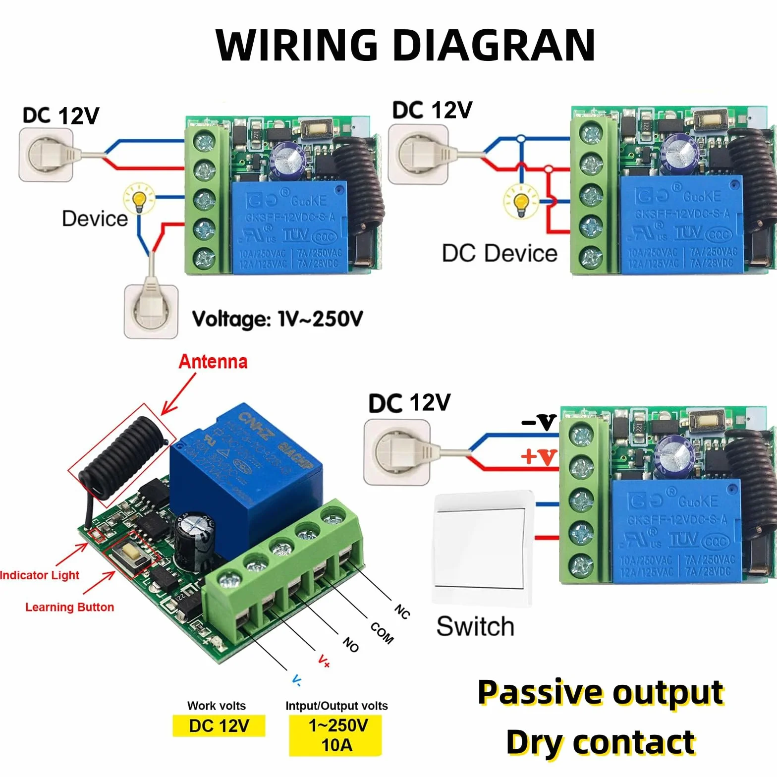 QIACHIP 433 MHz Interruttore di controllo remoto DC 12V 1 canale wireless Modulo ricevitore relè RF con 2 trasmettitori