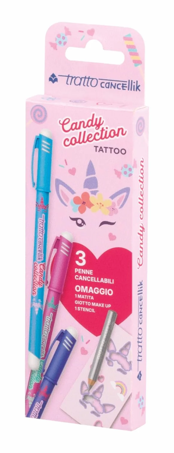 TRATTO Cancellik Candy Collection TATTOO - 3 penne cancellabili + 1 matita make up + Stencil tattoo