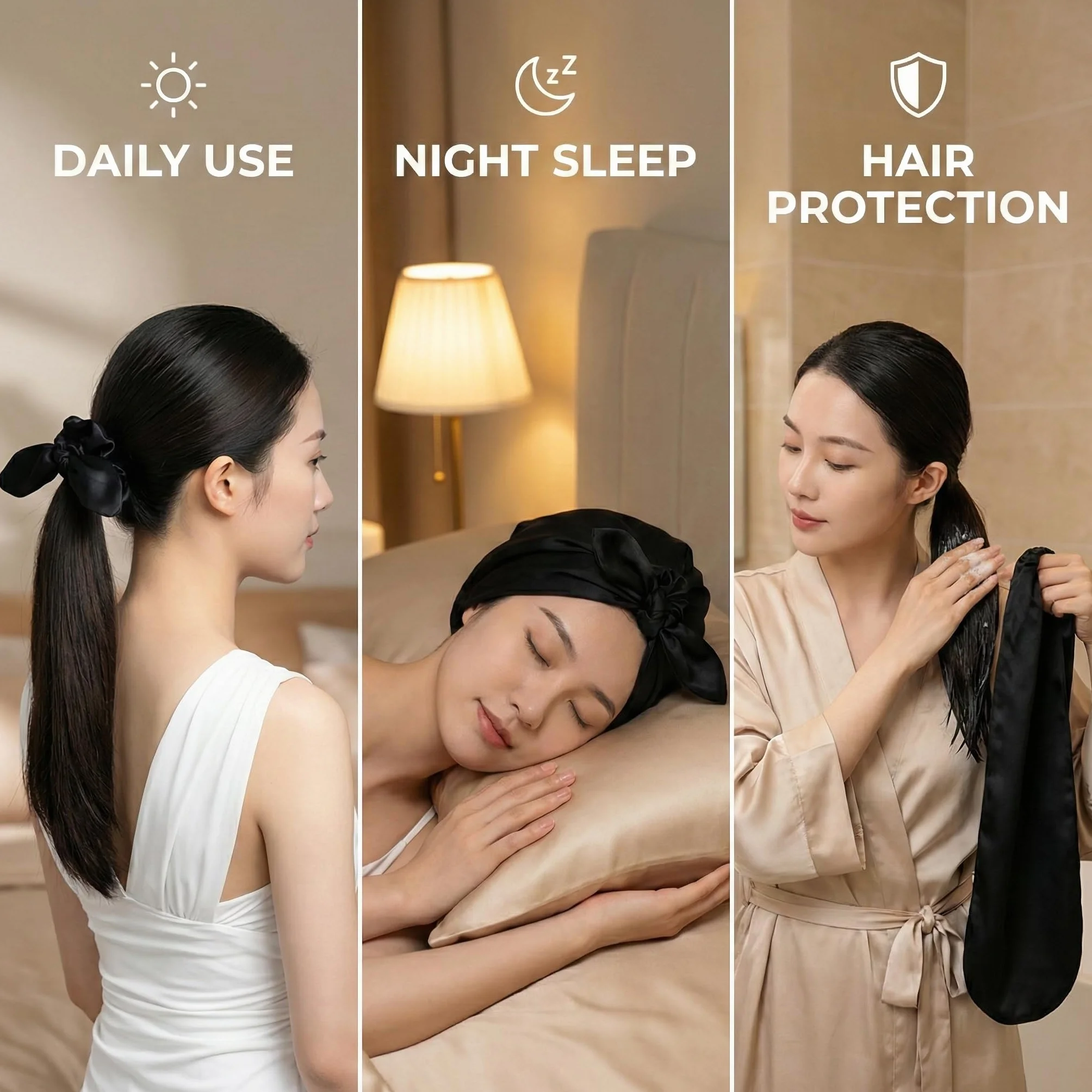 Berretto in seta per capelli lunghi con elastici in seta neri cuffia notte capelli lisci senza nodi protezione capelli per dormire casa lavoro