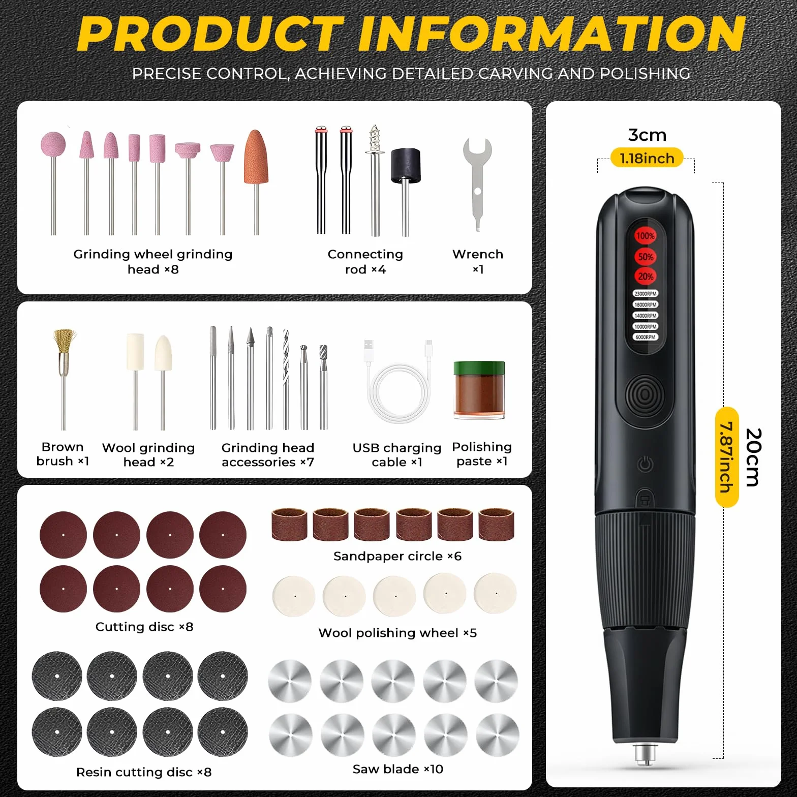 Strumento multifunzione 8V 61 accessori Utensile Rotante 5 marce 23000 giri/min MAX Mini Trapano a Batteria LED