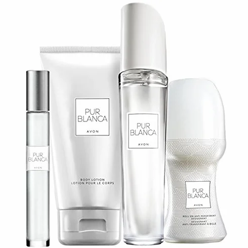 Avon Pur Blanca - Set profumo, 4 pezzi: spray Eau de Parfum, lozione per il corpo, deodorante, profumo floreale, sacchetto regalo natalizio