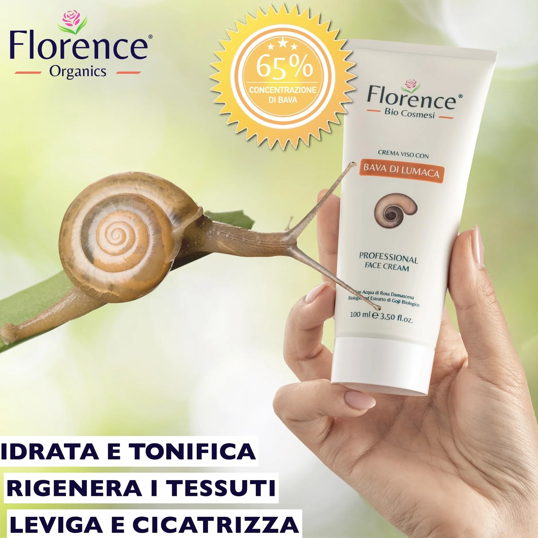 100ml. Bio Crema con Bava di Lumaca al 65%, Acido Ialuronico Puro 100%, Vitamina C, E. Ingredienti a Nota Azione Antietà, Cicatrizzante e Antimacchia per Viso, Collo e Contorno Occhi.
