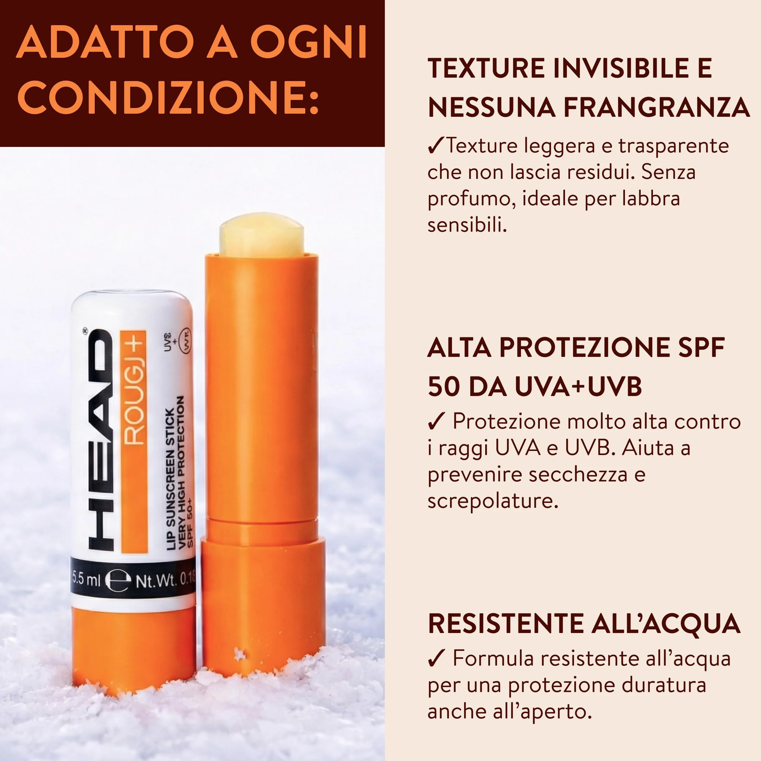 HEAD BY ROUGJ Stick Labbra Protezione Solare 50+ con Formula Invisibile per Comfort Quotidiano e Difesa in Condizioni Estreme, Lip Balm Spf 50 Texture Leggera e Resistente all’Acqua - Made in Italy