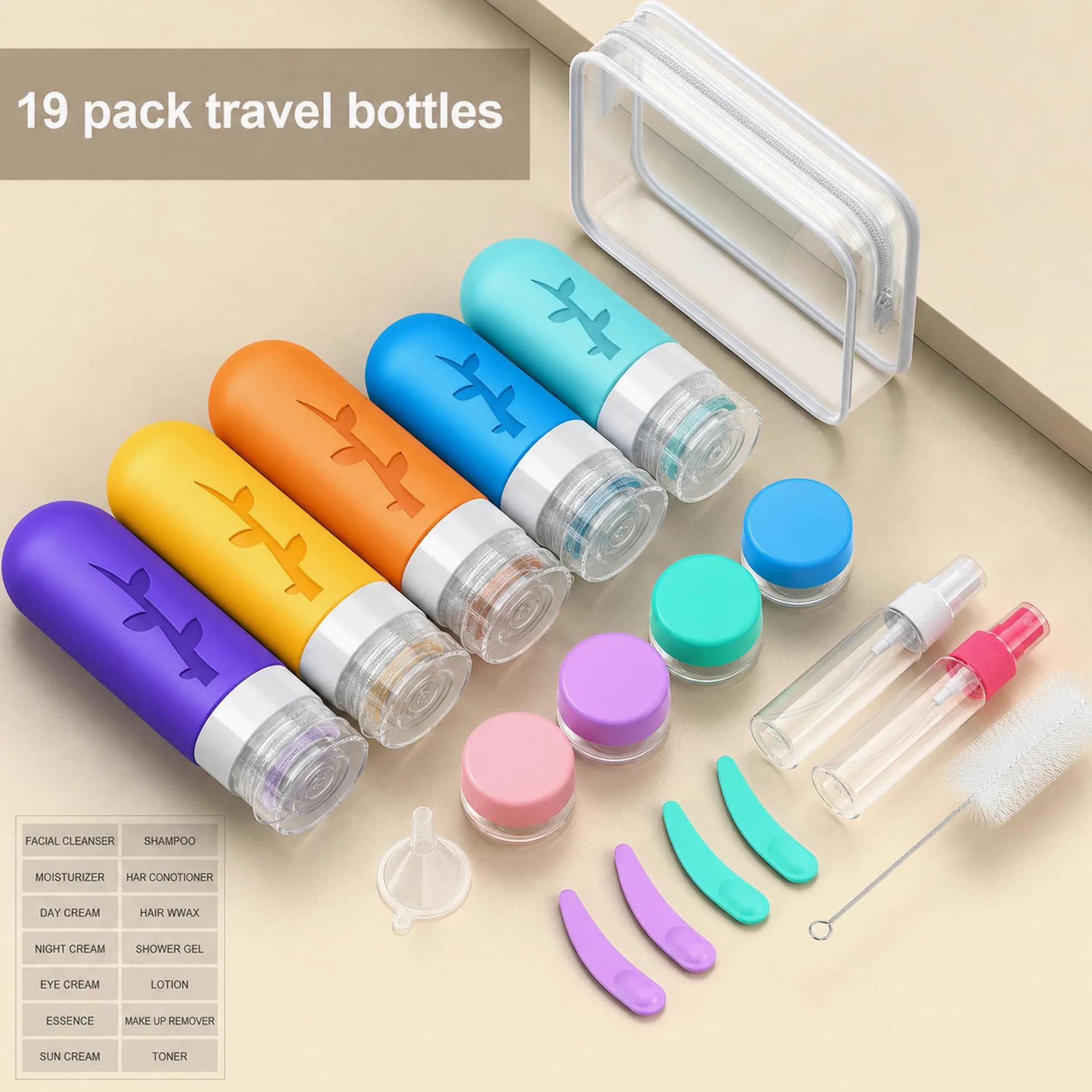 Confezione da 19 bottiglie da viaggio per articoli da toeletta, contenitori in silicone approvati TSA per articoli da toeletta, ricaricabili e a prova di perdite, flaconi per shampoo e balsamo da