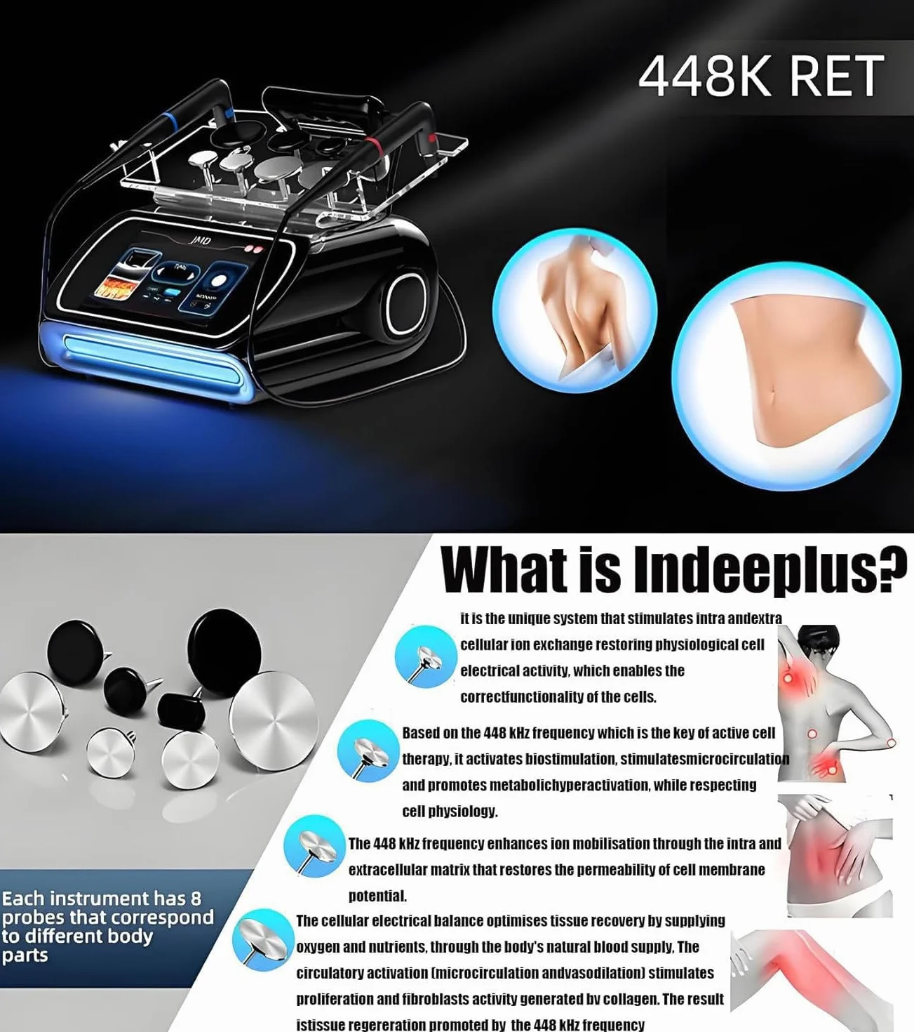 Apparecchio per terapia a diatermia Tecar, terapia a radiofrequenza a 448 kHz, modalità monopolare CPA RES, lifting del viso, rassodamento della pelle per la riduzione della cellulite e del grasso