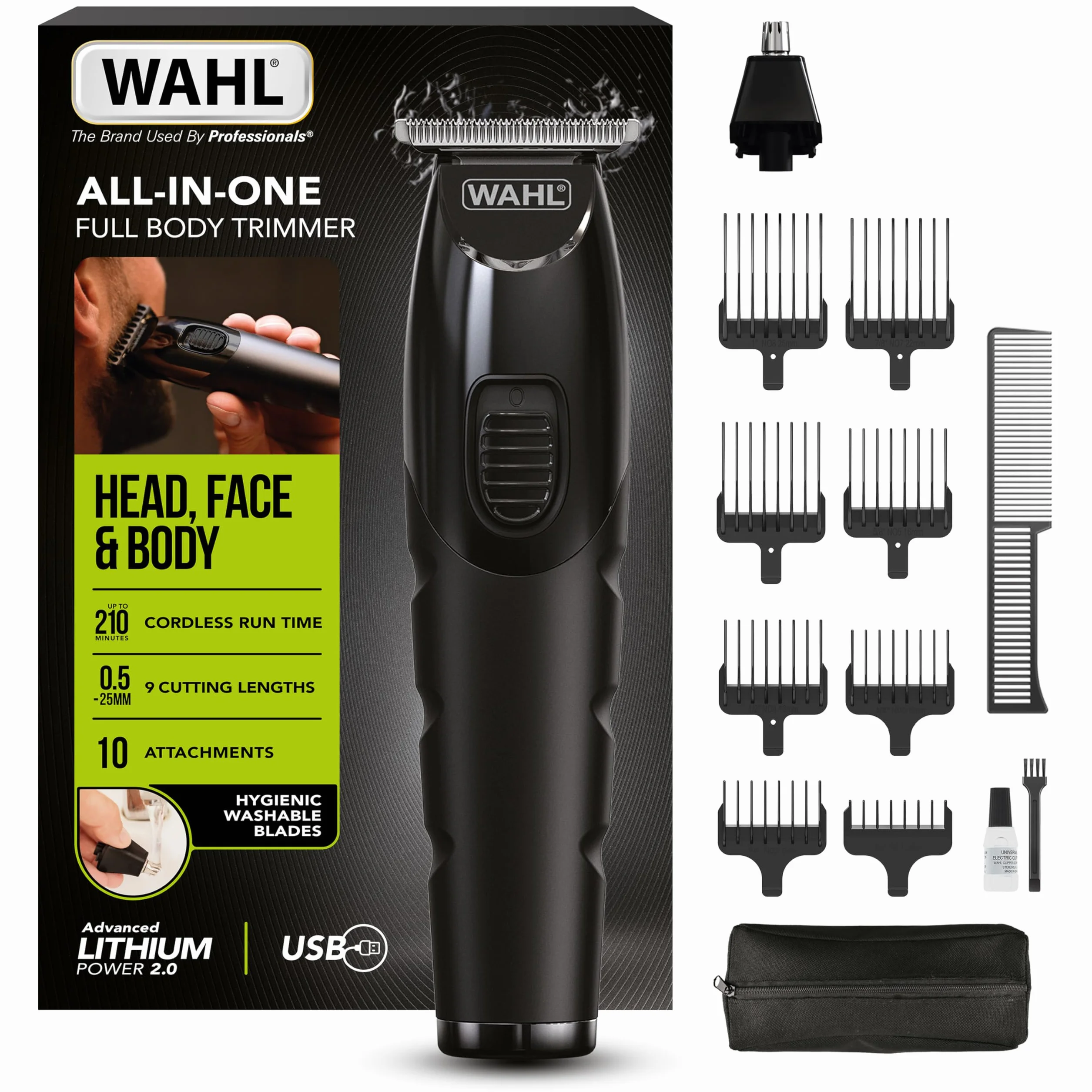 WAHL All in One Trimmer, Taglio di capelli, barba, orecchie, naso e corpo, potente batteria al litio, testine lavabili, ampia lama a T, lunghezza di taglio da 0,5 a 25 mm, 210 minuti di autonomia