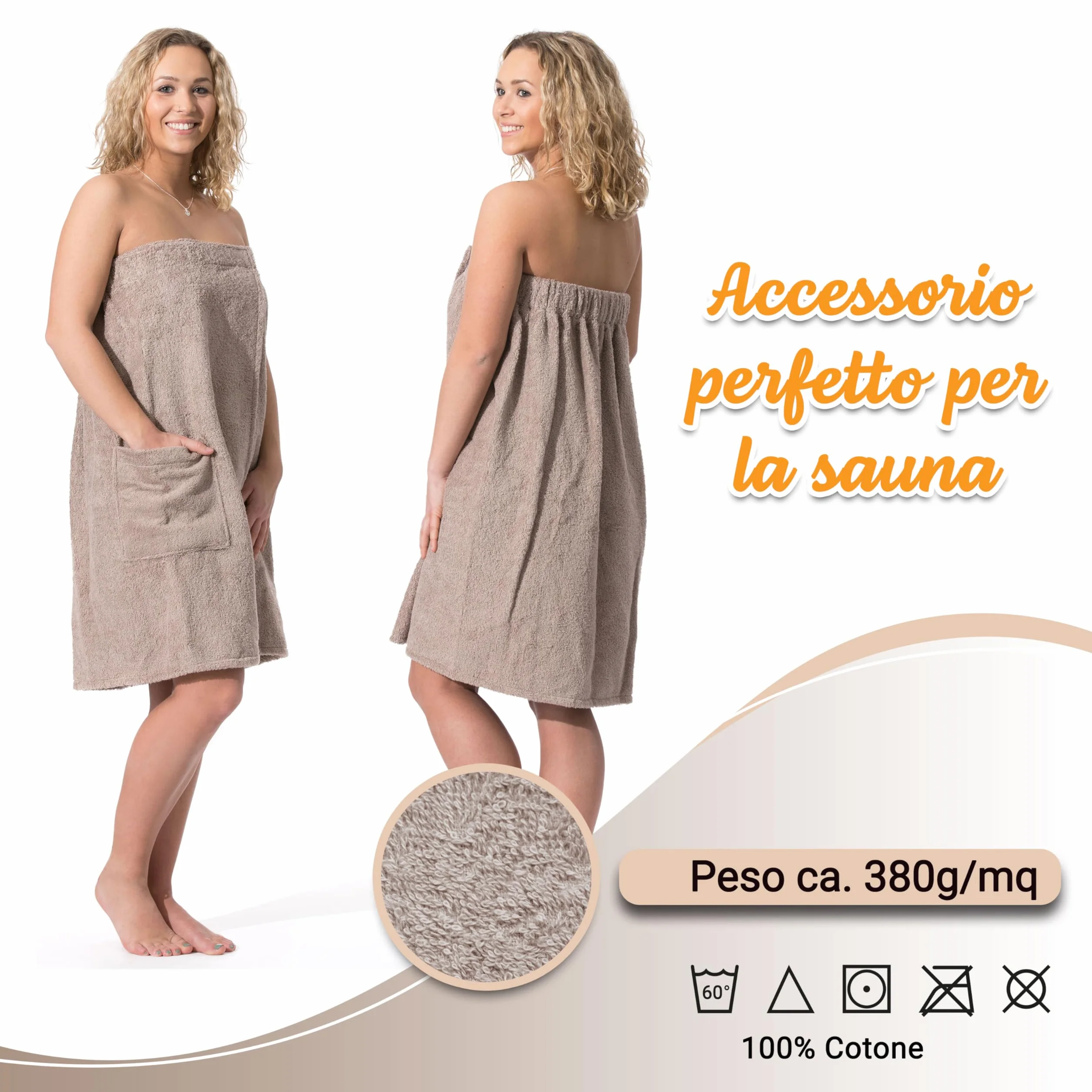 ZOLLNER Kilt da sauna da donna tortora morbido sulla pelle assorbente Cotone fascia elastica chiusura a strappo Misura L/XL Lavabile a 60°C Certificato OEKO TEX