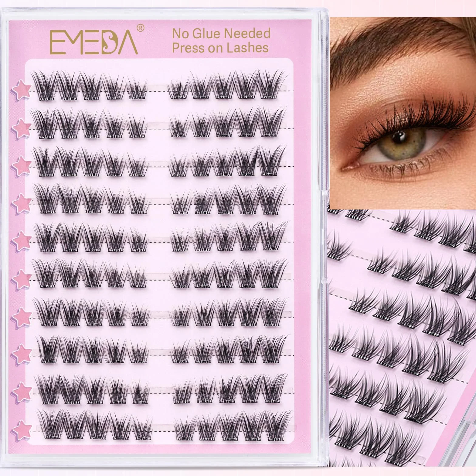 EMEDA ciglia autoadesive naturale, kit ciglia a grappolo senza colla 120pcs Ciglia naturali a pressione, DIY Ciglia a grappolo preincollate con pinzetta Ciglia da gatto preincollate (Cat eye02)