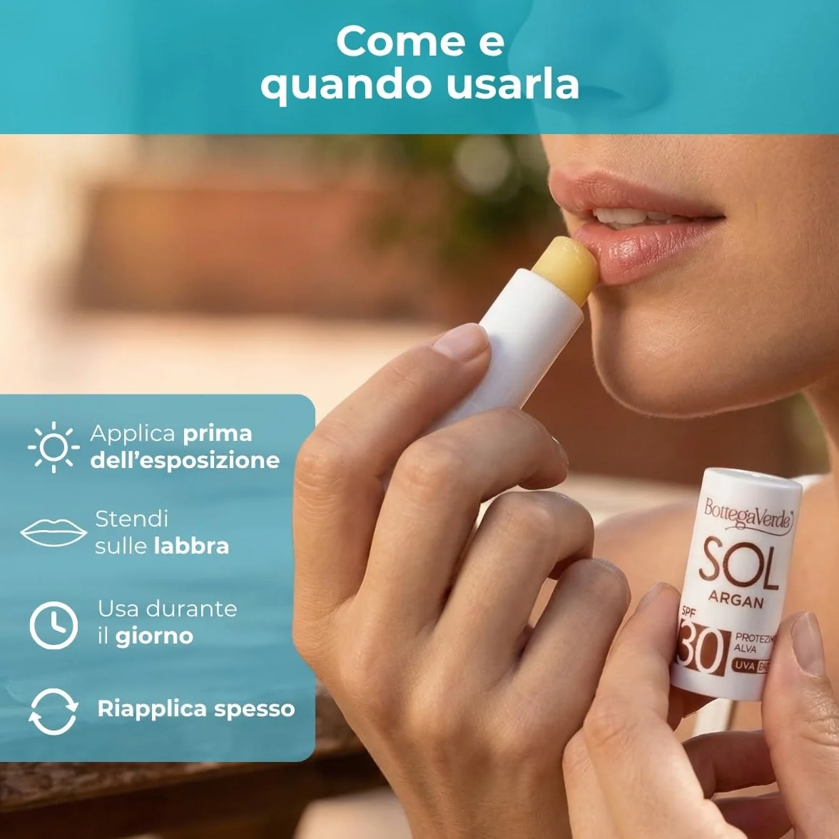 Bottega Verde - Sol Argan, Stick Labbra Solare, 5,5 ml, SPF 30, Arricchito con Olio di Argan e Vitamina C, Nutre e Protegge, con Filtri Solari, Senza Siliconi, Profumo Delicato, Resistente all'Acqua