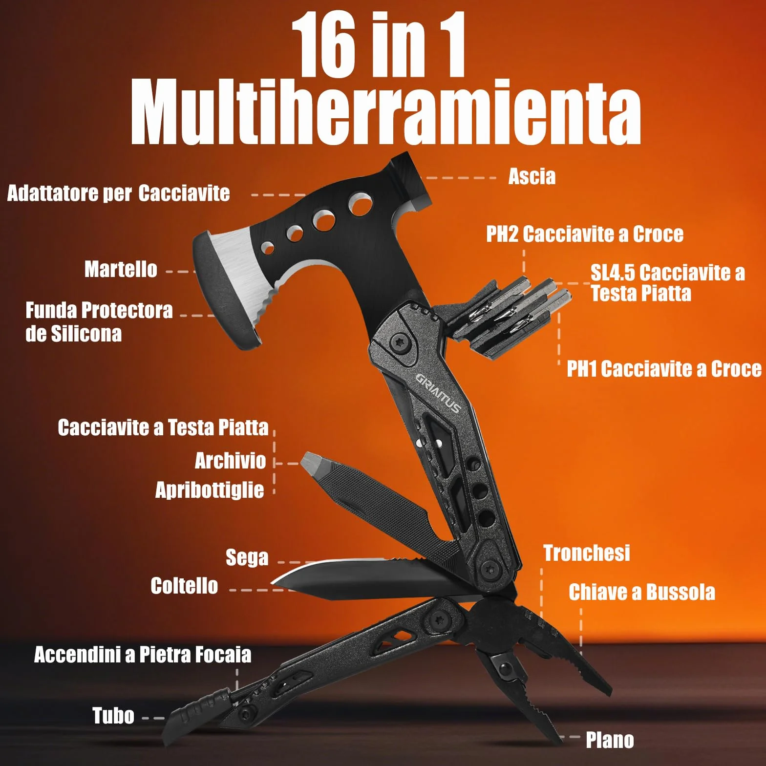 Multitool 16w1 Asce Sopravvivenza Coltello Martello Pinze Seghetto Cacciavite