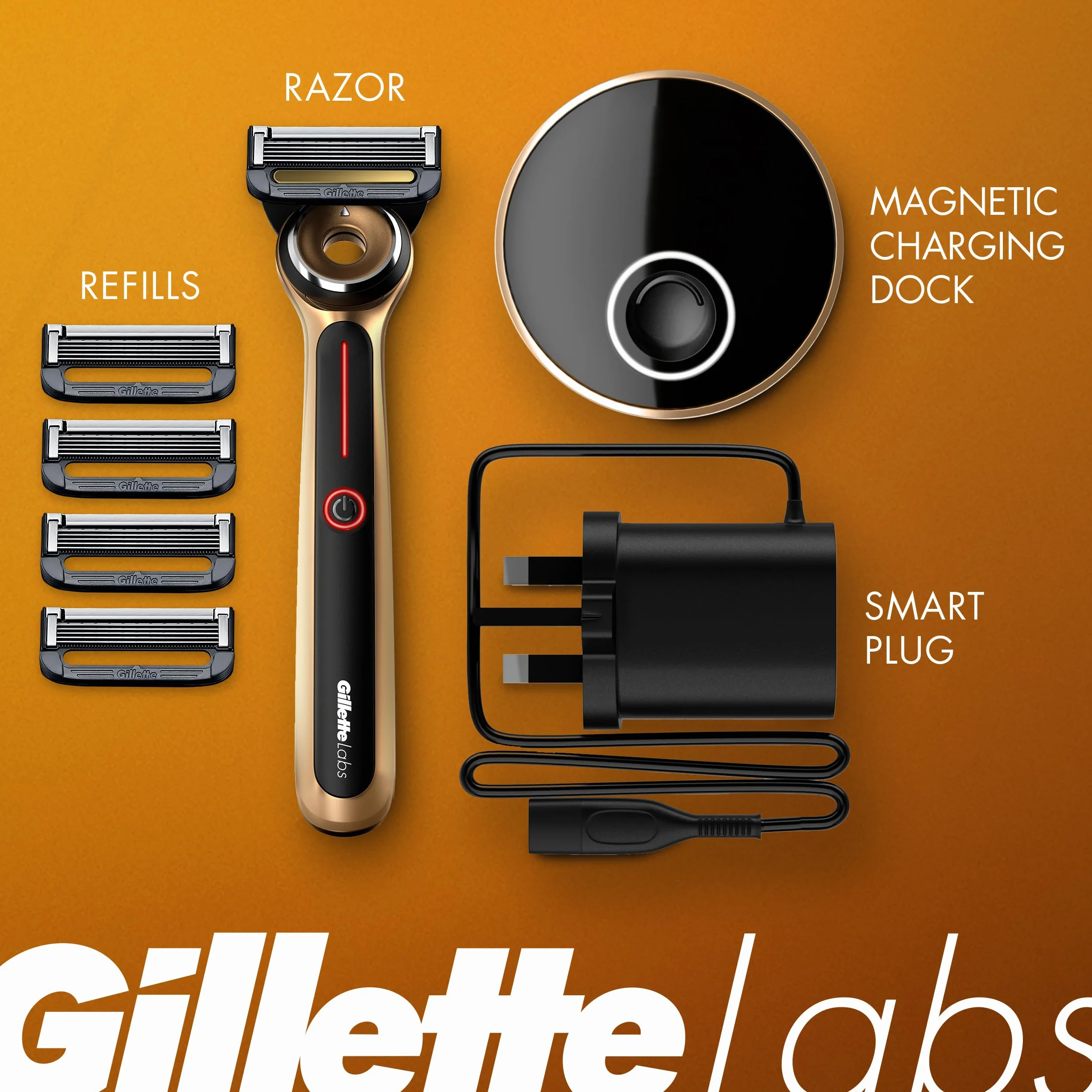 GilletteLabs Rasoio riscaldato Gold Edition - 1 Maniglia, 5 ricariche lama, 1 dock di ricarica
