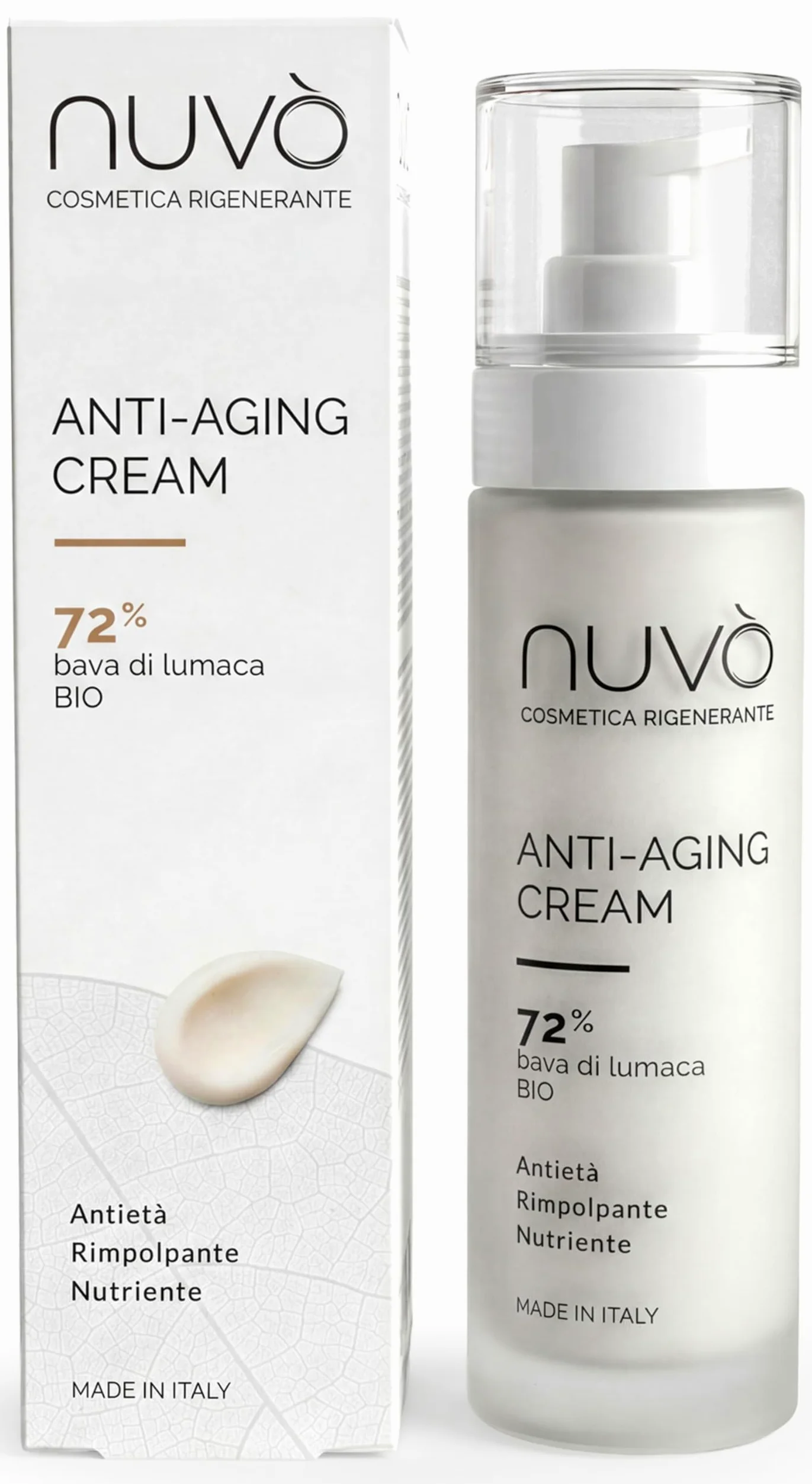 Nuvò - Crema Viso Antirughe con Bava di Lumaca Bio 72%, Anti Aging, 50 ml | con Acido Ialuronico, Olio di Argan, Vitamina C ed E, Crema Idratante Viso ideale per Contrastare le Rughe, Made in Italy