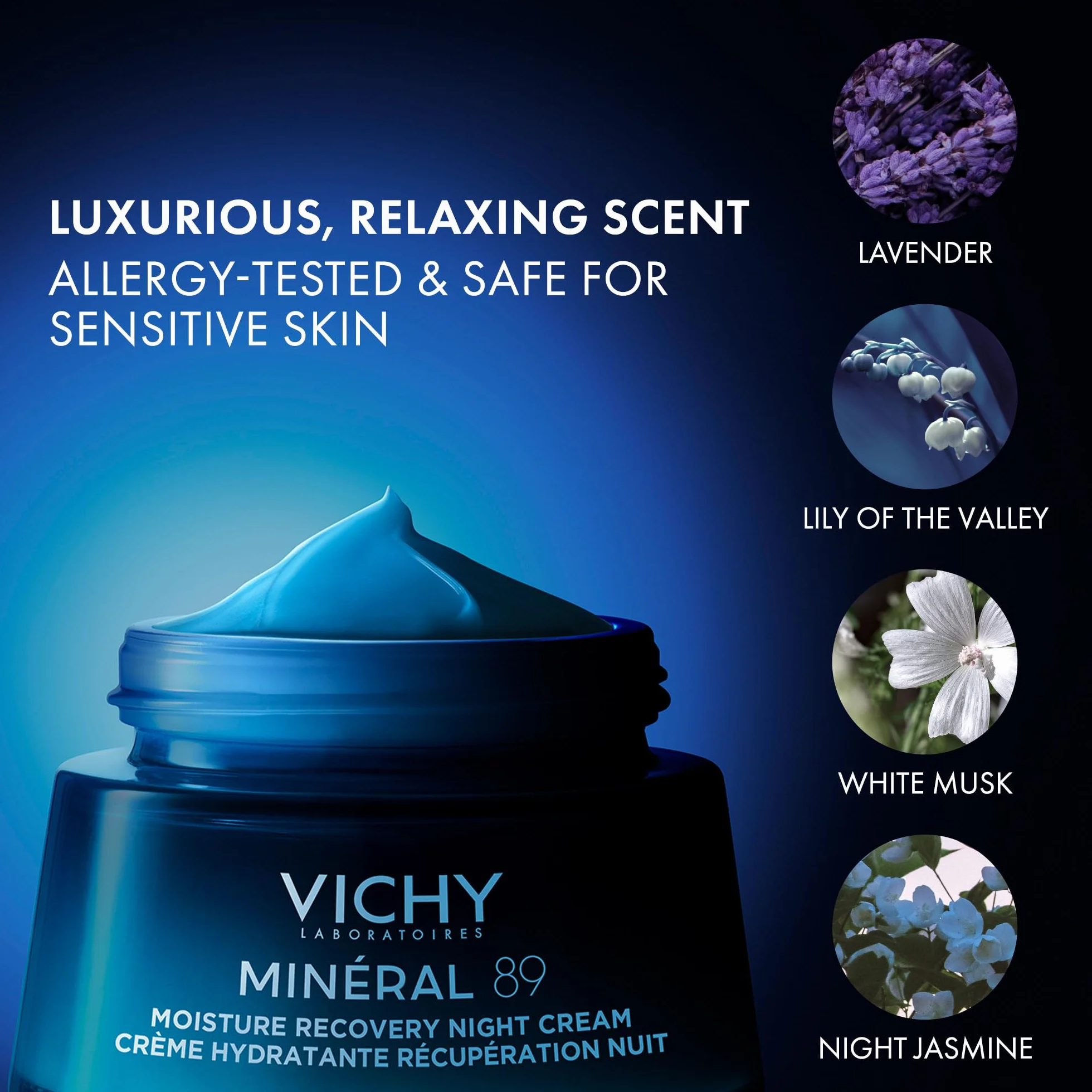 Vichy Minéral 89, Crema Notte Idratante, Per Tutti i Tipi di Pelle, Pelle Idratata e Rimpolpata, Barriera Cutanea Ricostituita, Con Acido Ialuronico, Vitamine B3 ed E, Minerali e Melatonina, 50 ml