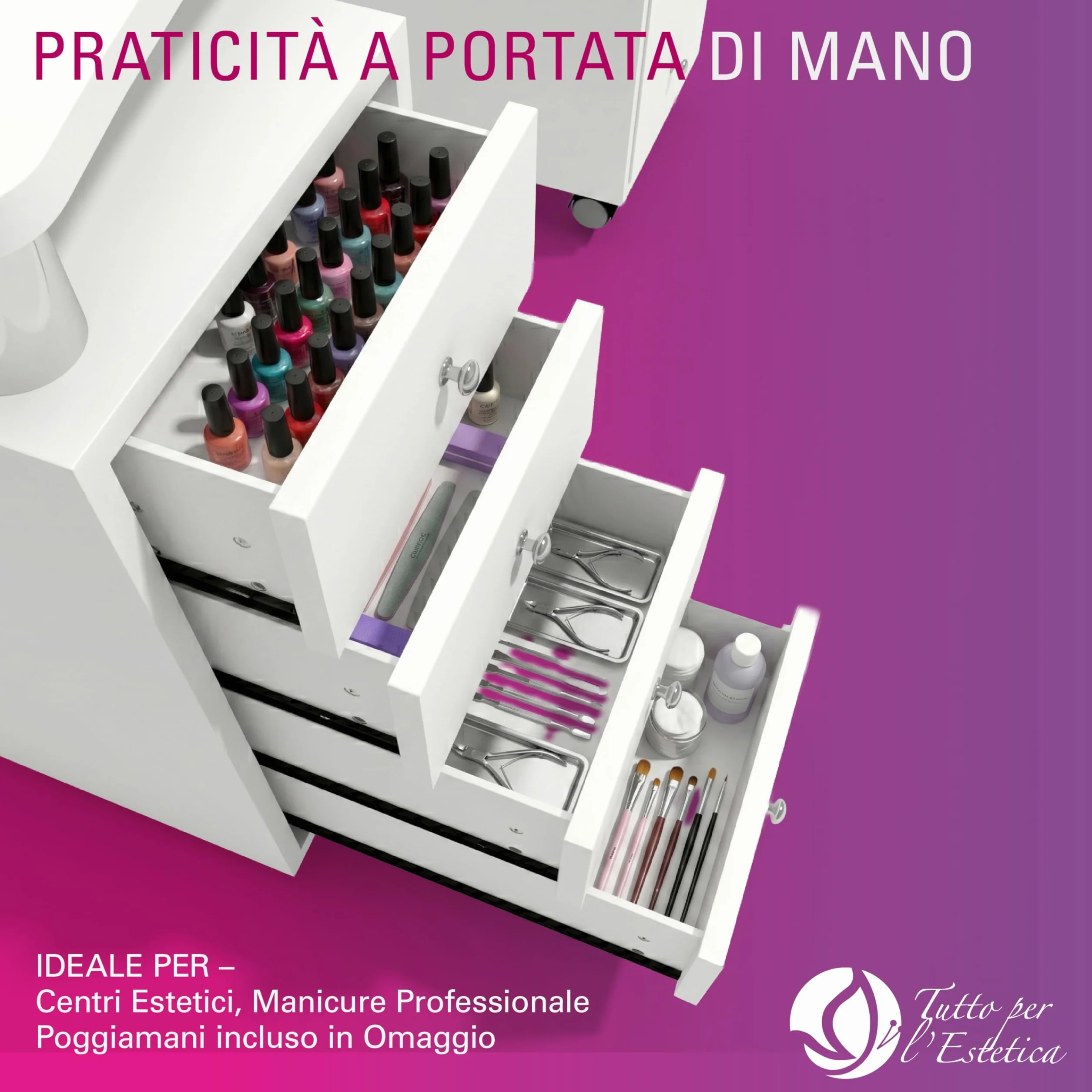 Tavolo Manicure + Aspiratore Professionale Filtro Tondo, Con 8 Cassetti – Postazione Unghie Estetista con Ruote Bloccabili, Poggiamani Incluso, Tavolo Nail Studio Robusto e Organizzato, 122x48x77 cm