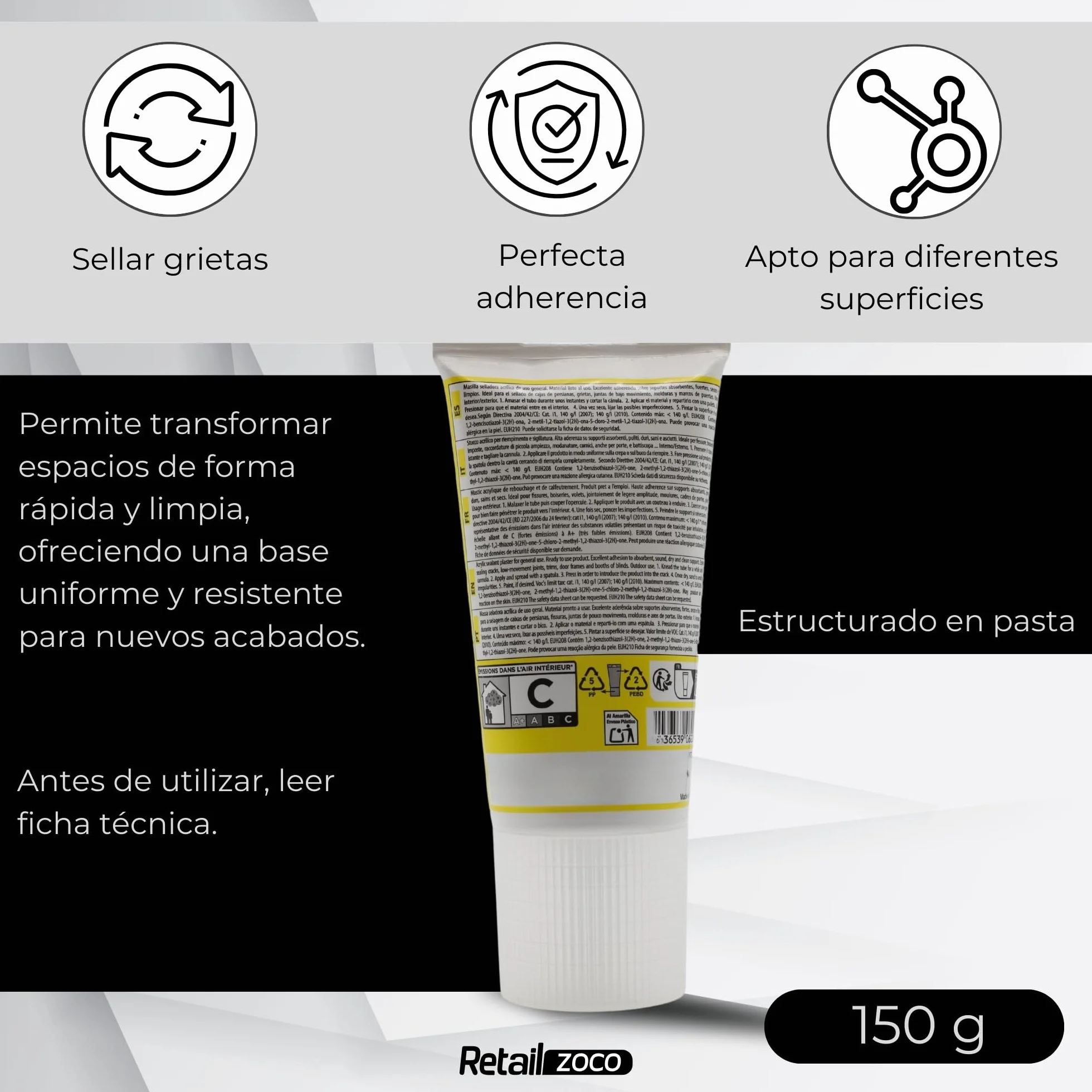 TECHZOCO Stucco acrilico bianco 150 grammi tubo riempitrice fori