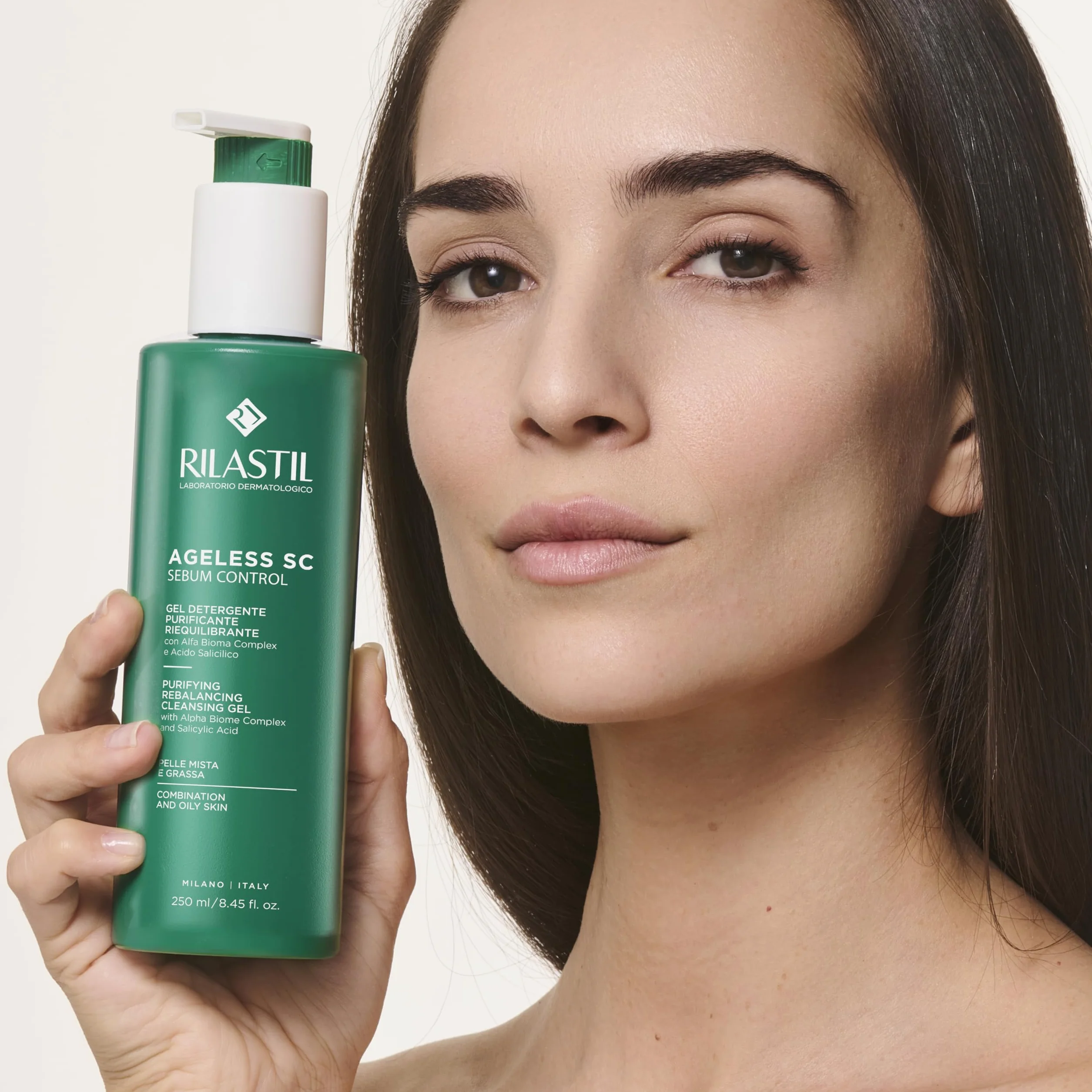 Rilastil Ageless SC Sebum Control, Gel detergente purificante e riequilibrante viso con Alfa Bioma Complex e Acido Salicilico ad azione sebonormalizzante, 250 ml