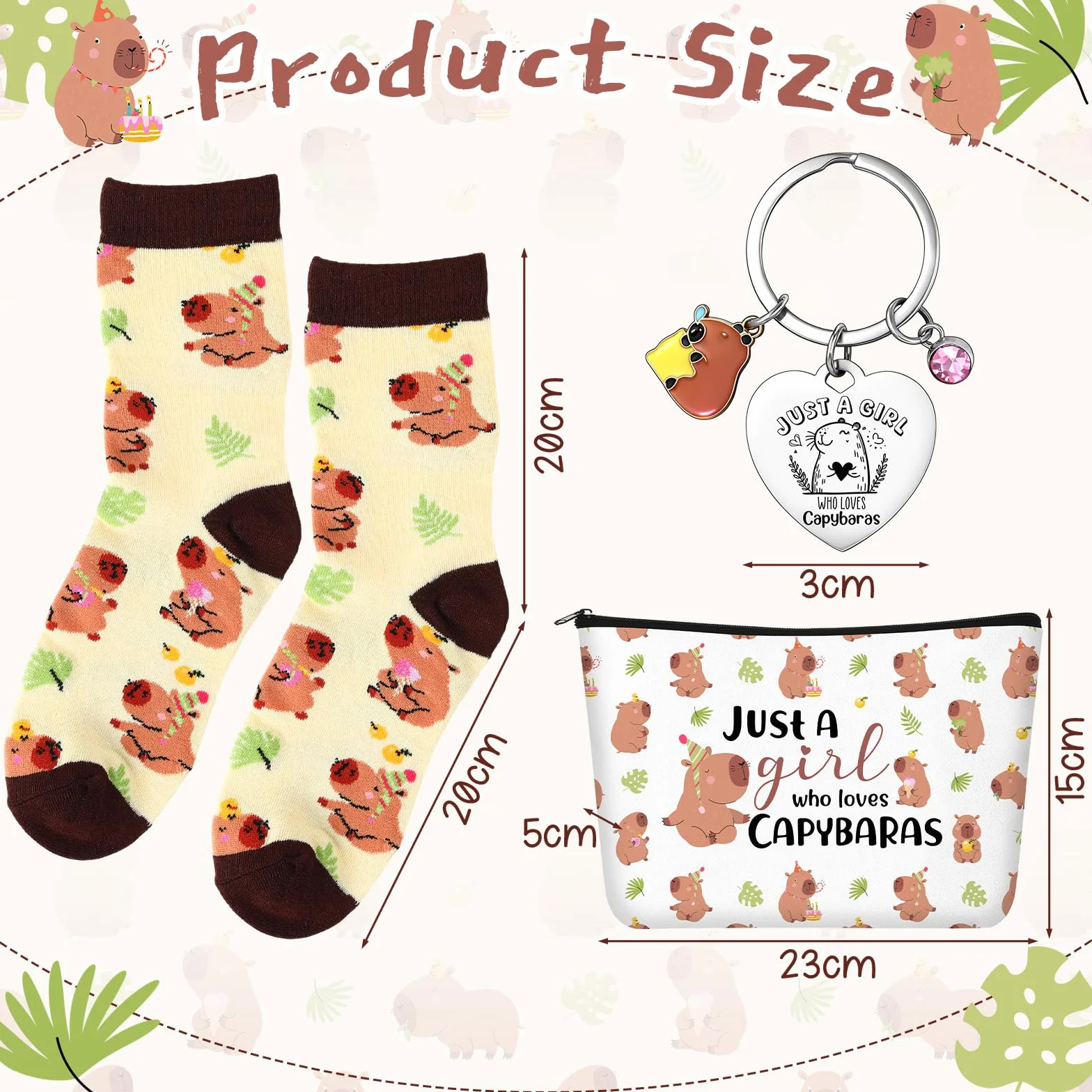 Xuniea Set Regalo Capibara 3 Pezzi - Pochette Trucco, Portachiavi e Calzini con Scritta "Just a Girl Who Loves Capybaras" - Idea Regalo Natale, Compleanno per Amanti degli Animali, Amici, Colleghi