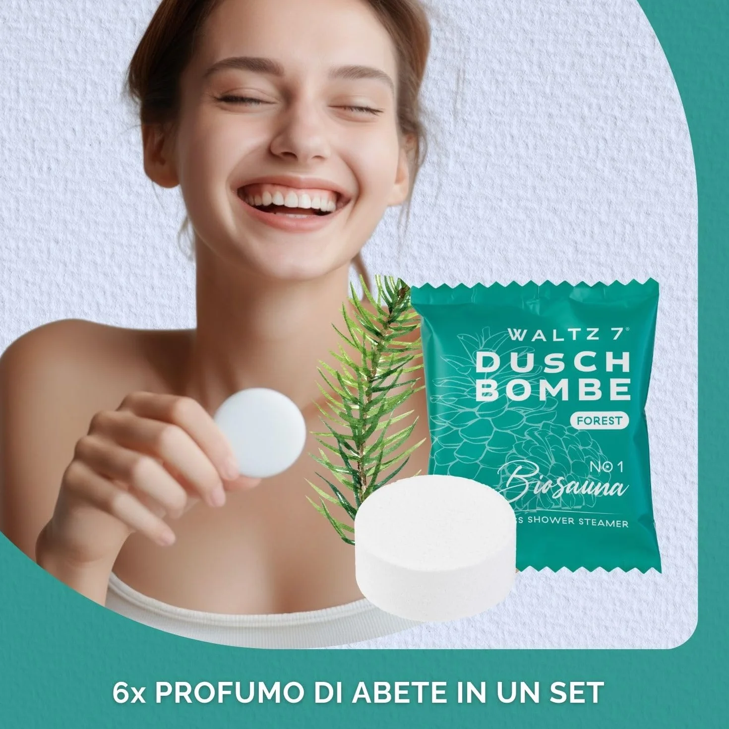 WALTZ 7 Set di Bombe da Doccia all’Abete Rosso, Bombe da Bagno con Olio Essenziale di Pino per il Benessere e il Relax, Vegane per Aromaterapia, Effetto Calmante e Rigenerante, Confezione da 6