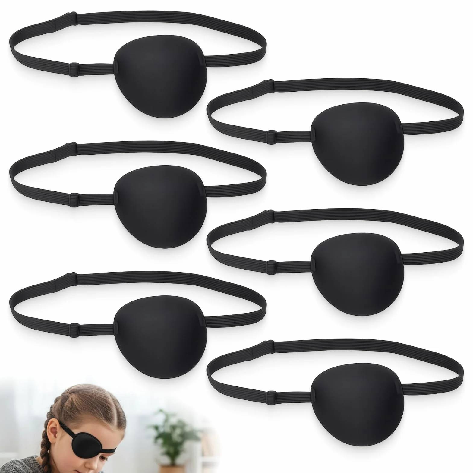 6 pezzi Copriocchio per Adulti e Bambini, 3D Regolabile con Fascia Elastica, Materiale Morbido Traspirante, Riutilizzabile per Occhio Sinistro o Destro, Ideale Costume Pirata, Ambliopia, Cosplay